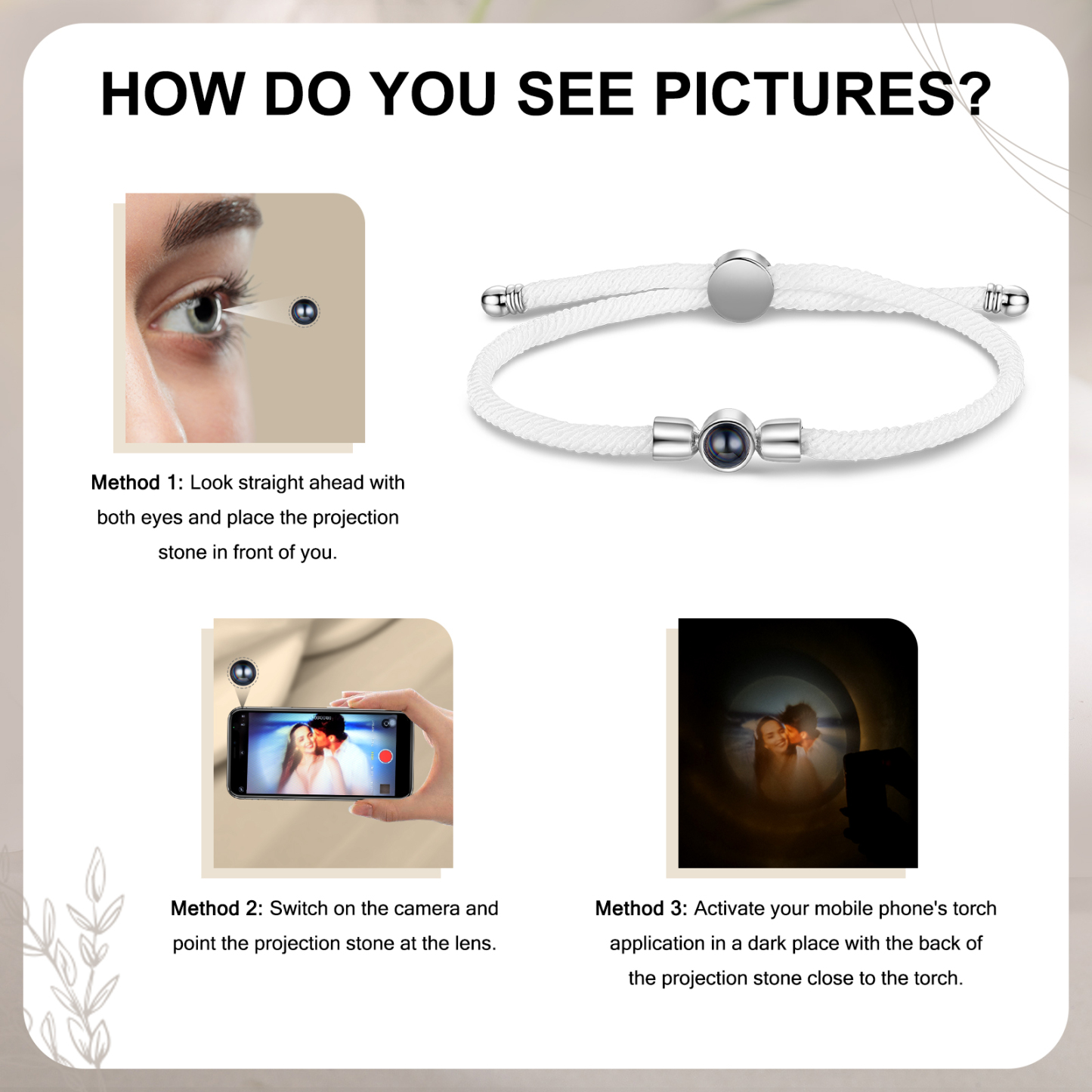 Personalisiertes Foto Projektion Armband mit Schwarz/ Weiß/ Grau geflochtenem Band