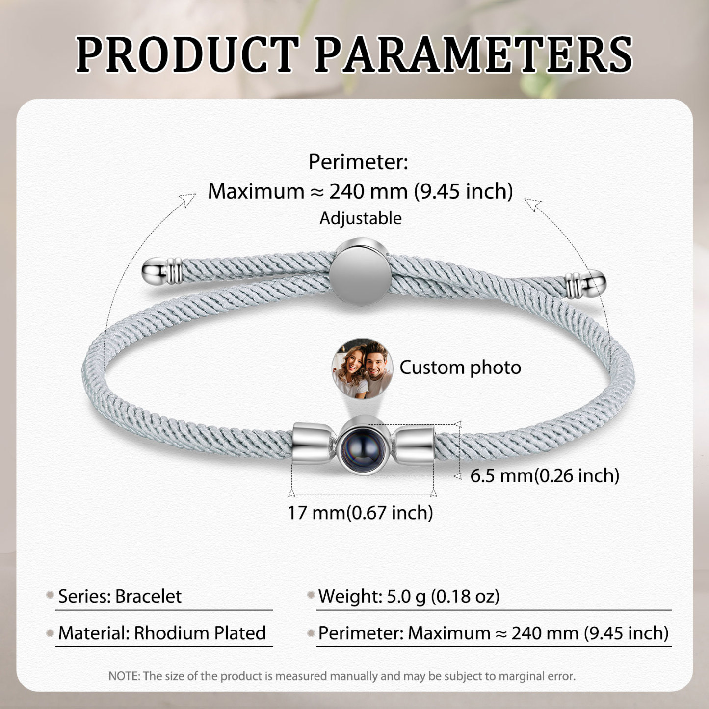 Personalisiertes Foto Projektion Armband mit Schwarz/ Weiß/ Grau geflochtenem Band