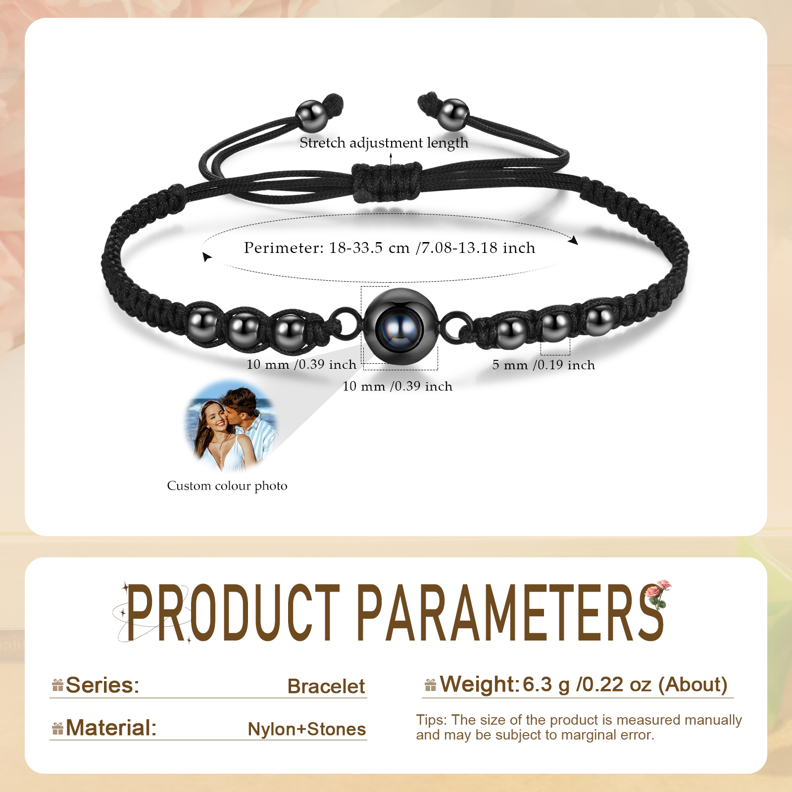 Personalisiertes 1 Foto Projektion Armband mit schwarzem geflochtenen Band