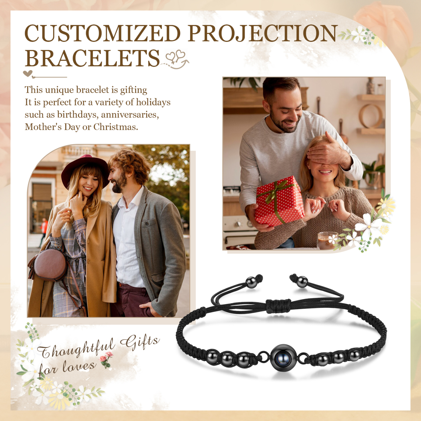 Personalisiertes 1 Foto Projektion Armband mit schwarzem geflochtenen Band