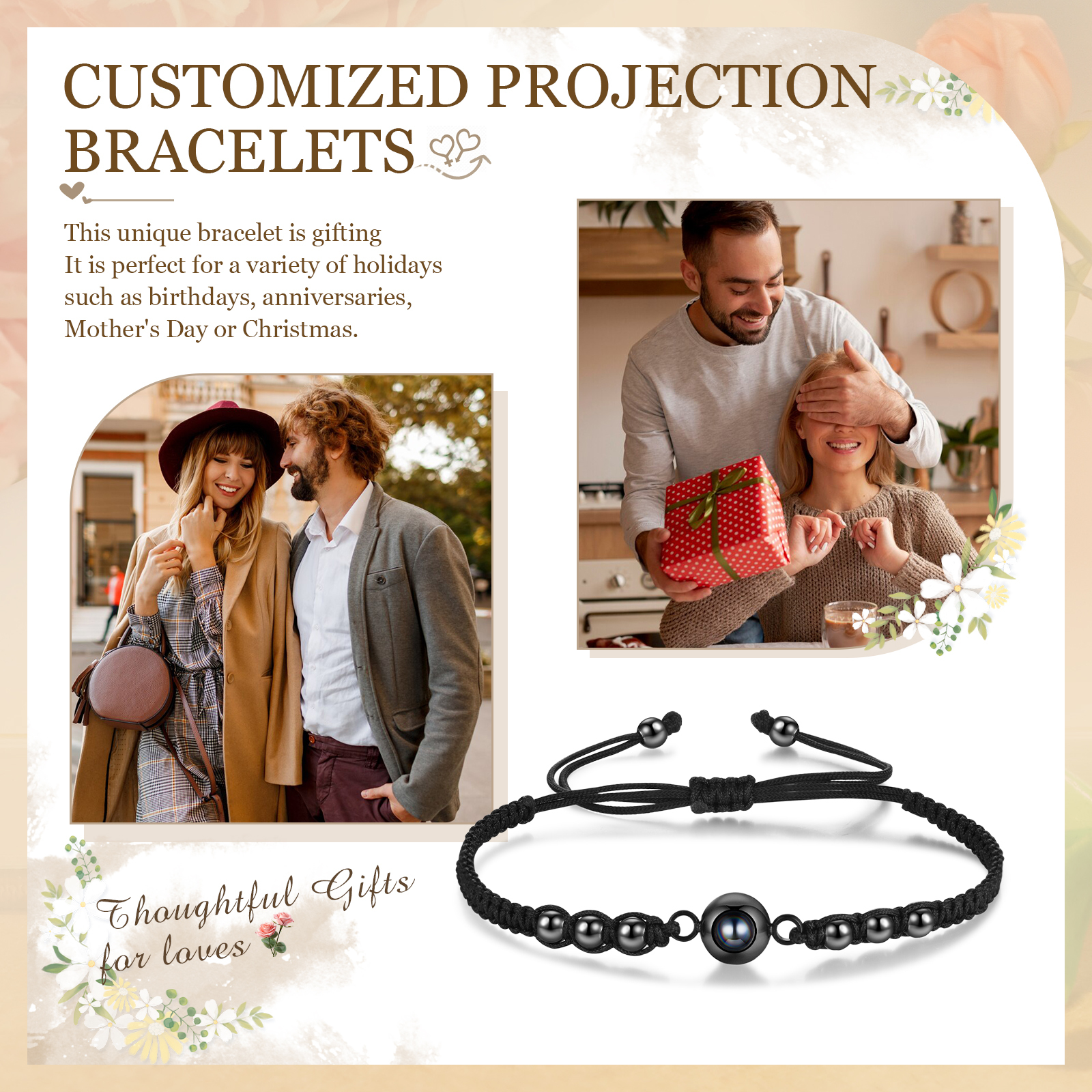 Personalisiertes 1 Foto Projektion Armband mit schwarzem geflochtenen Band