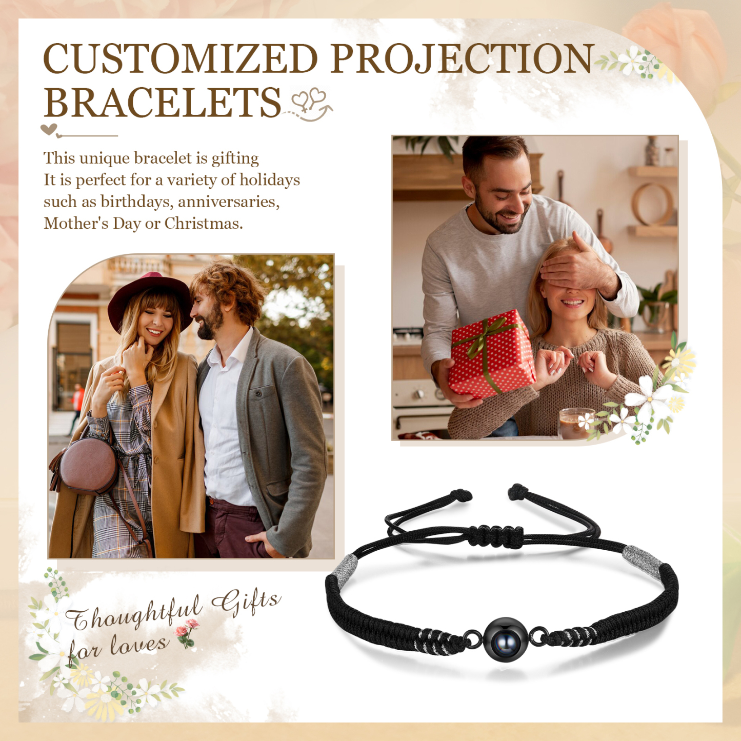 Personalisiertes 1 Foto Schwarz Projektion Armband mit geflochtenem Band – Einzigartiges Geschenk