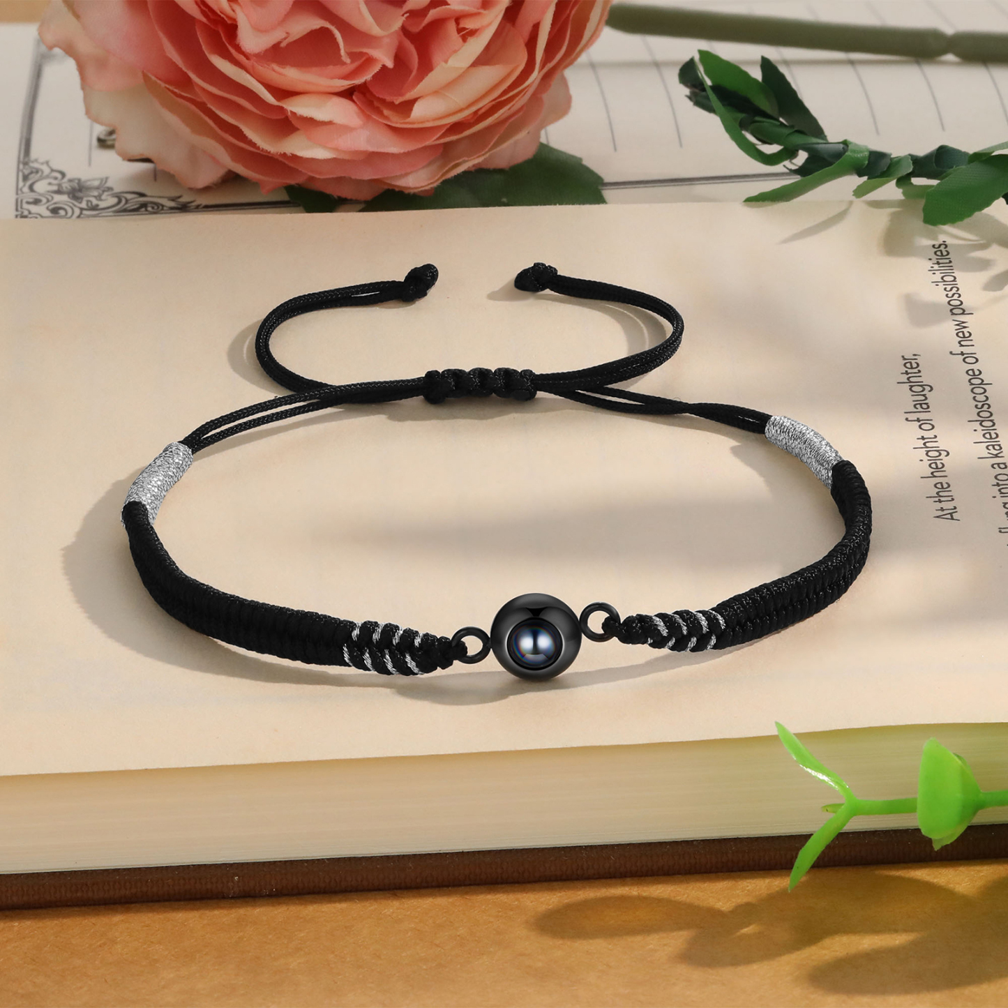 Personalisiertes 1 Foto Schwarz Projektion Armband mit geflochtenem Band – Einzigartiges Geschenk
