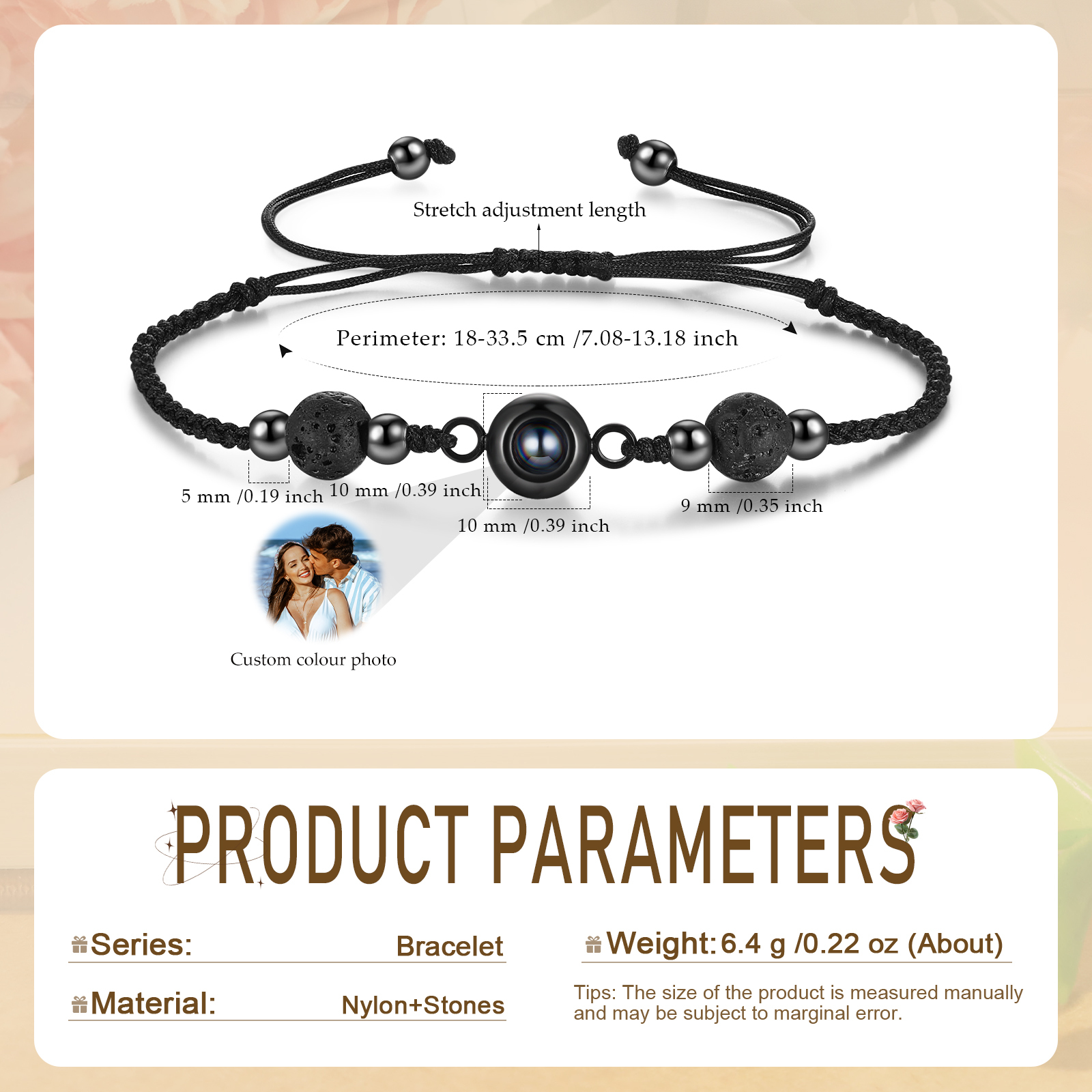 Personalisiertes Foto Projektion Armband mit Vulkanstein & schwarzem geflochtenem Band