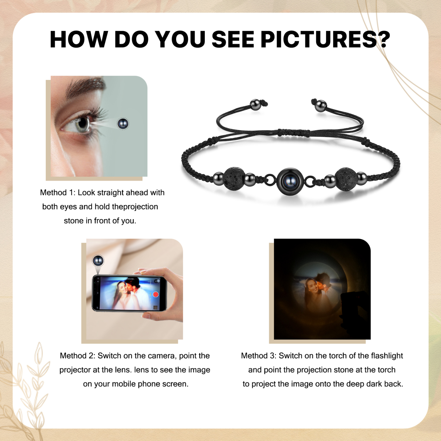 Personalisiertes Foto Projektion Armband mit Vulkanstein & schwarzem geflochtenem Band