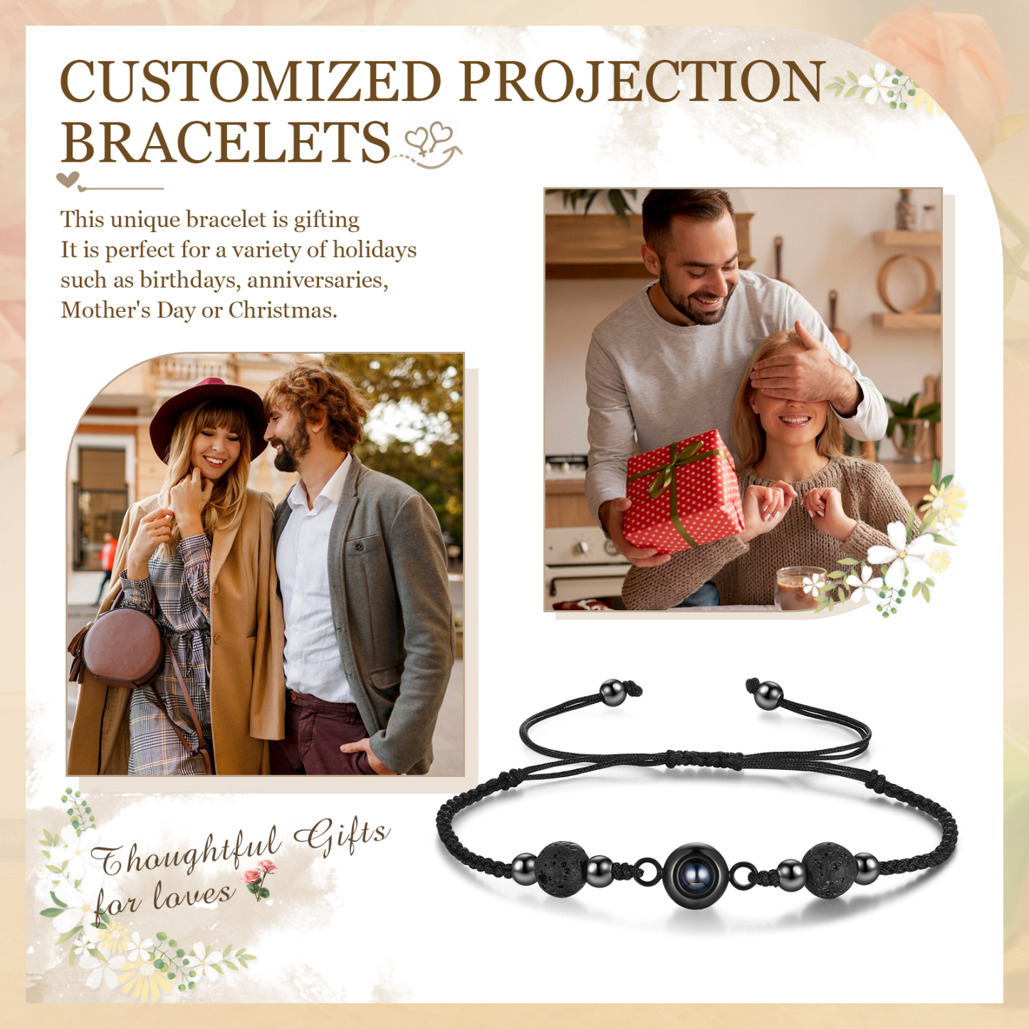 Personalisiertes Foto Projektion Armband mit Vulkanstein & schwarzem geflochtenem Band