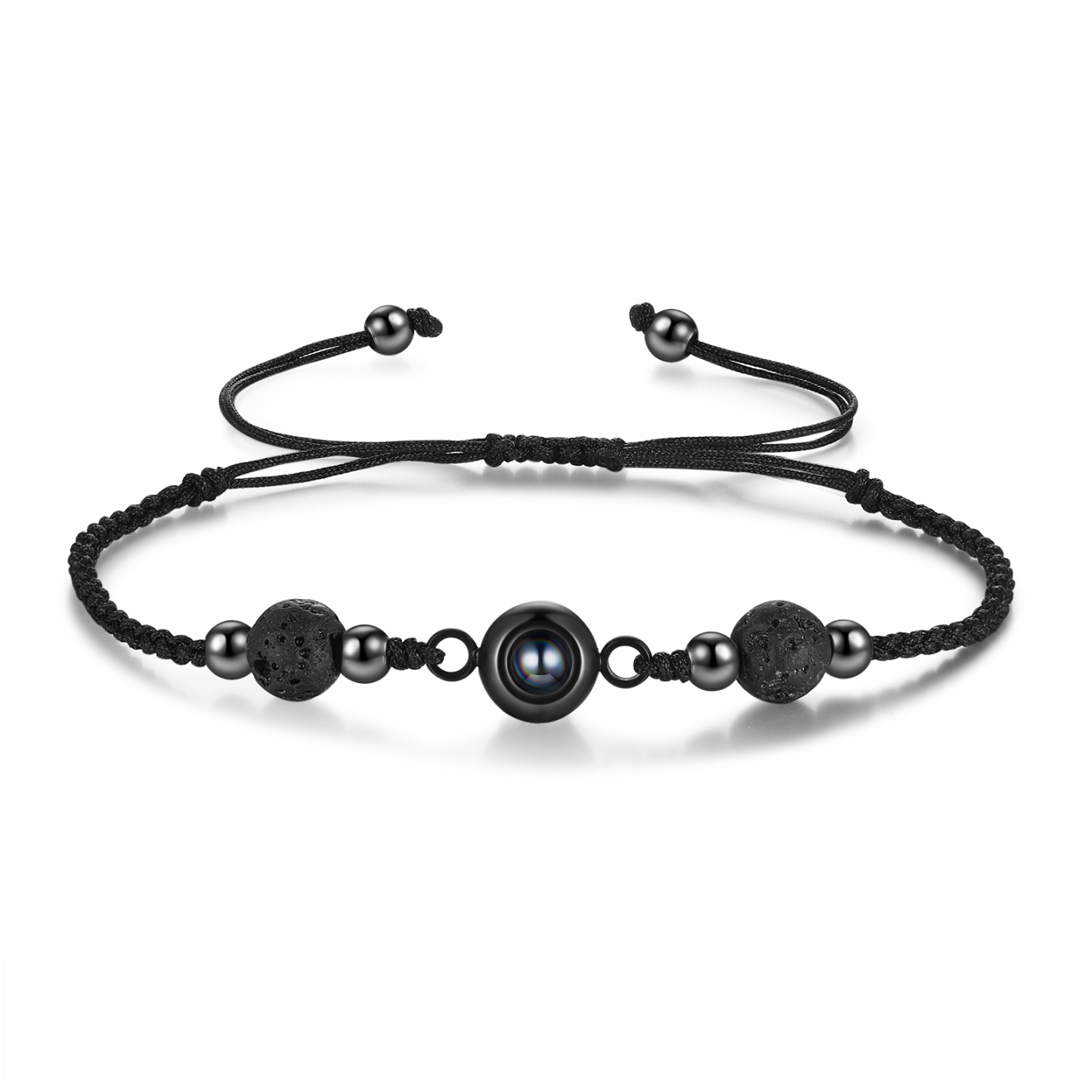 Personalisiertes Foto Projektion Armband mit Vulkanstein & schwarzem geflochtenem Band