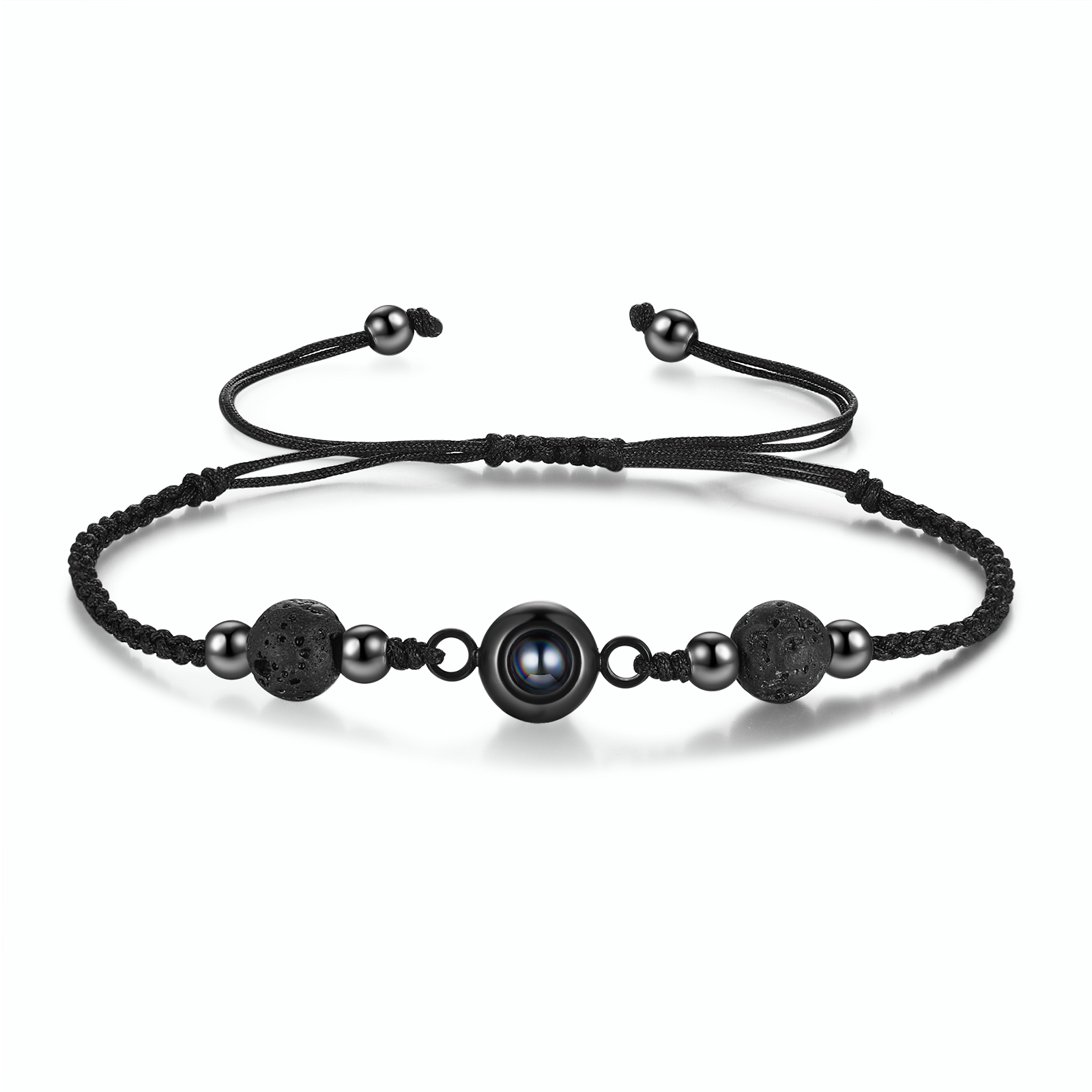 Personalisiertes Foto Projektion Armband mit Vulkanstein & schwarzem geflochtenem Band