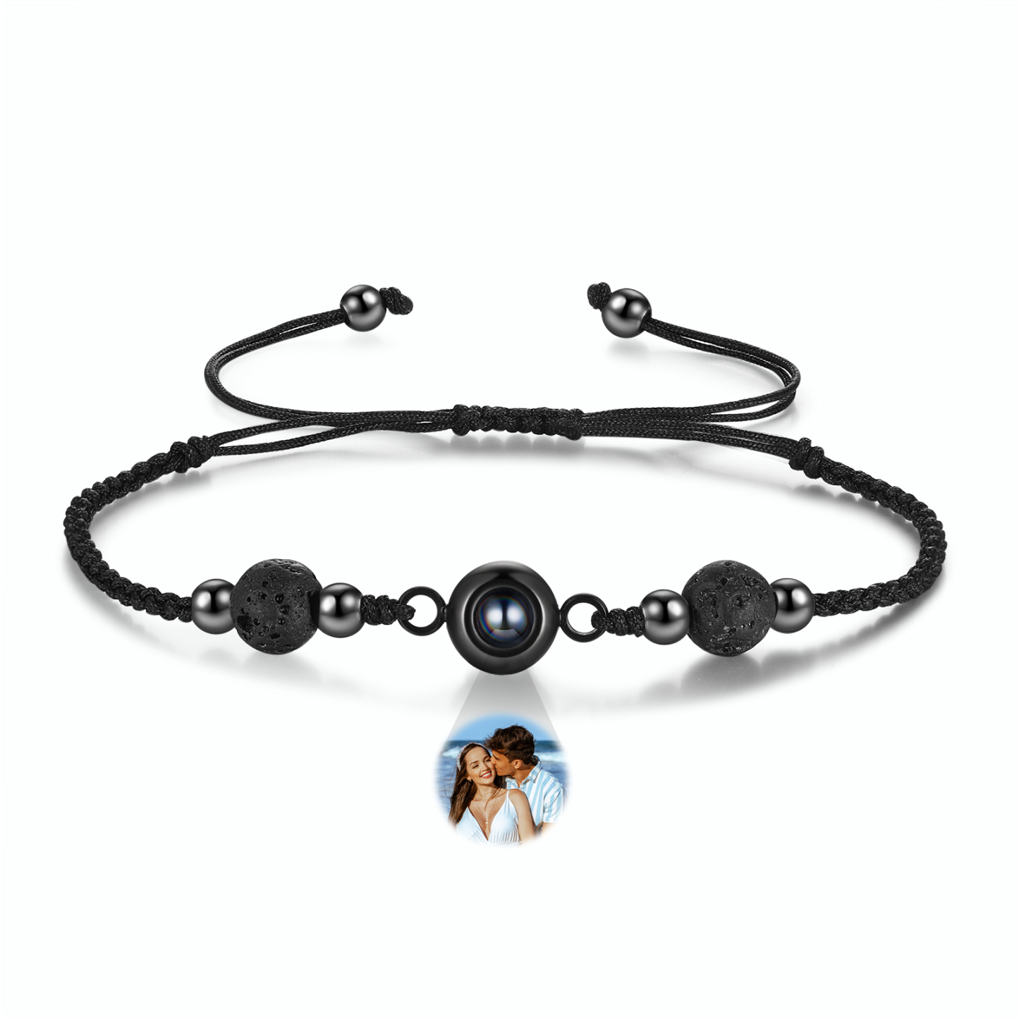 Personalisiertes Foto Projektion Armband mit Vulkanstein & schwarzem geflochtenem Band