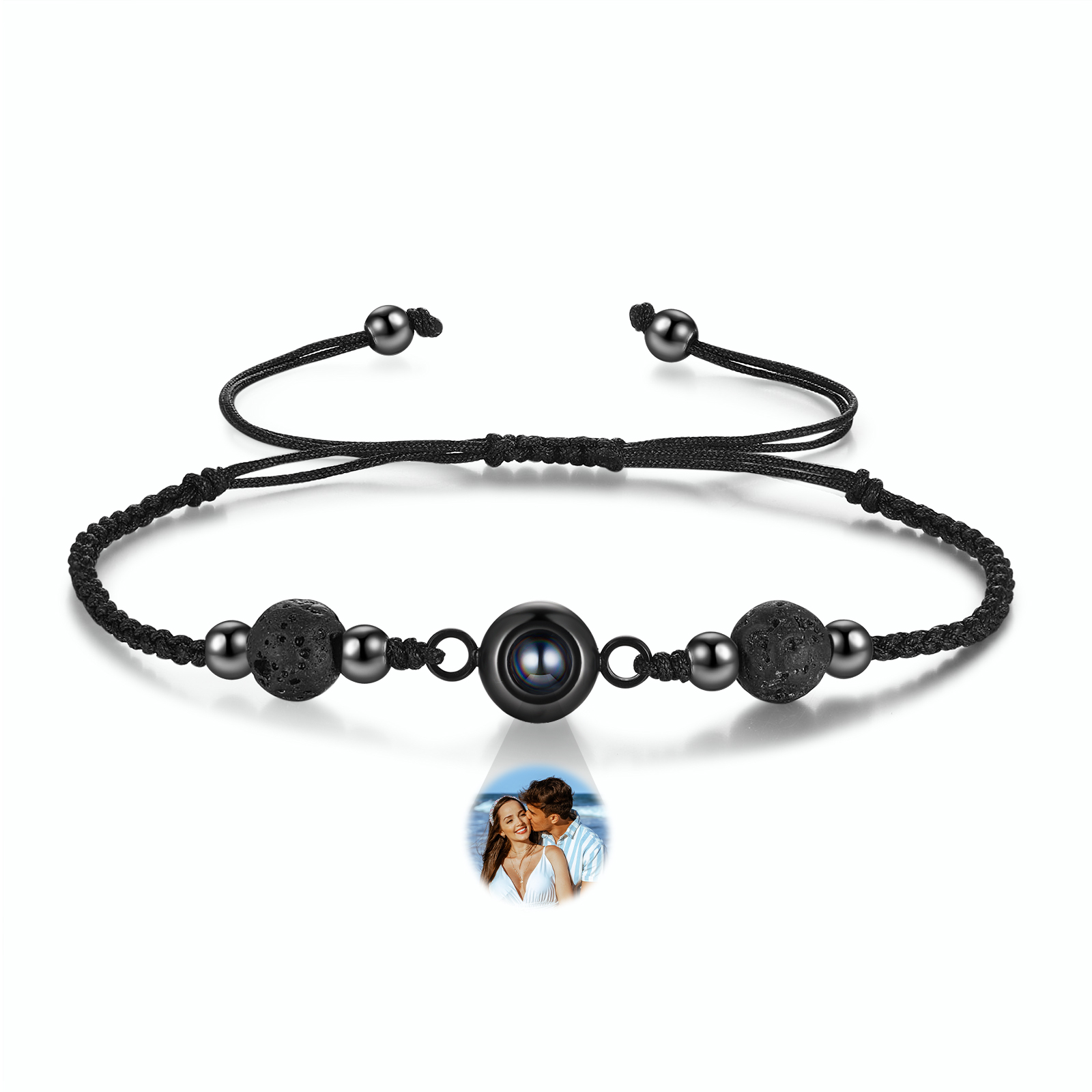 Personalisiertes Foto Projektion Armband mit Vulkanstein & schwarzem geflochtenem Band