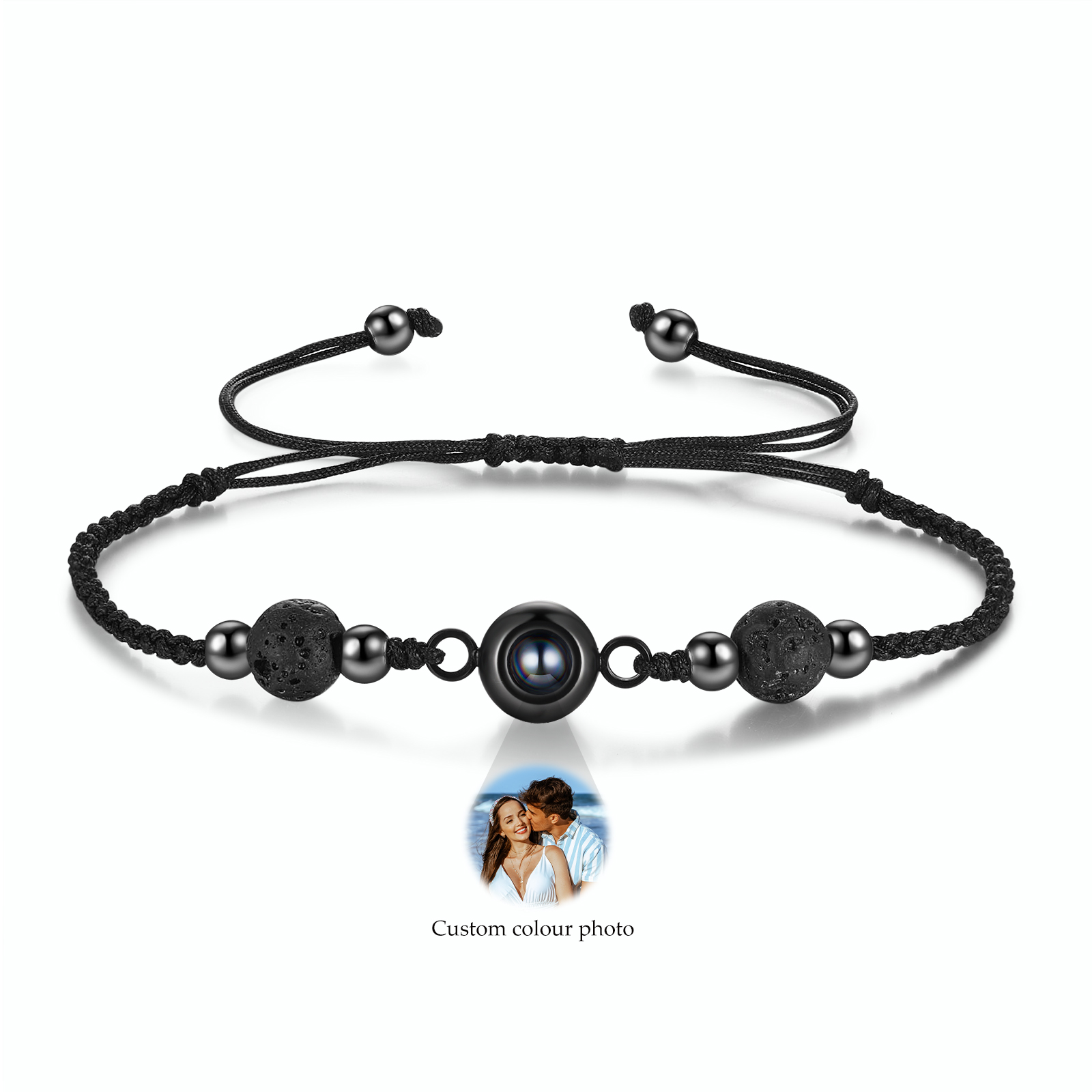 Personalisiertes Foto Projektion Armband mit Vulkanstein & schwarzem geflochtenem Band