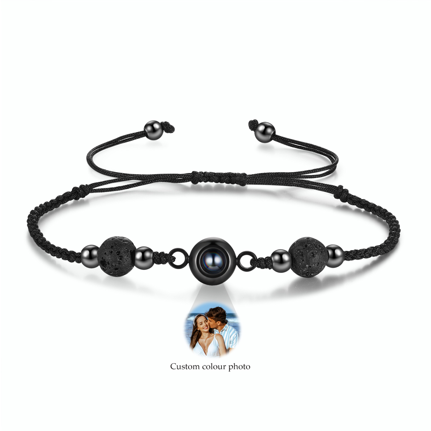 Personalisiertes Foto Projektion Armband mit Vulkanstein & schwarzem geflochtenem Band