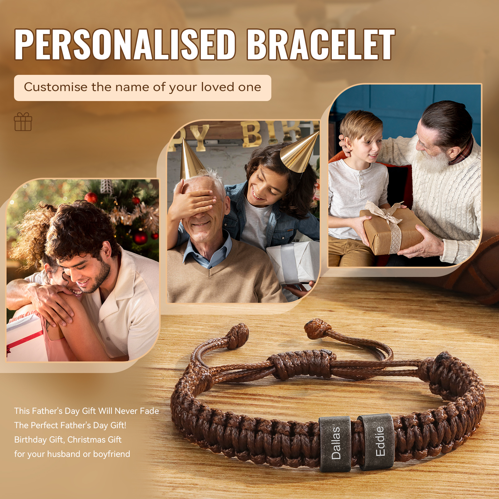 Herren Schmuck-Personalisierte 2-5 Namen Geflochtenes Vintage Armband mit Edelstahl Perle für Männer