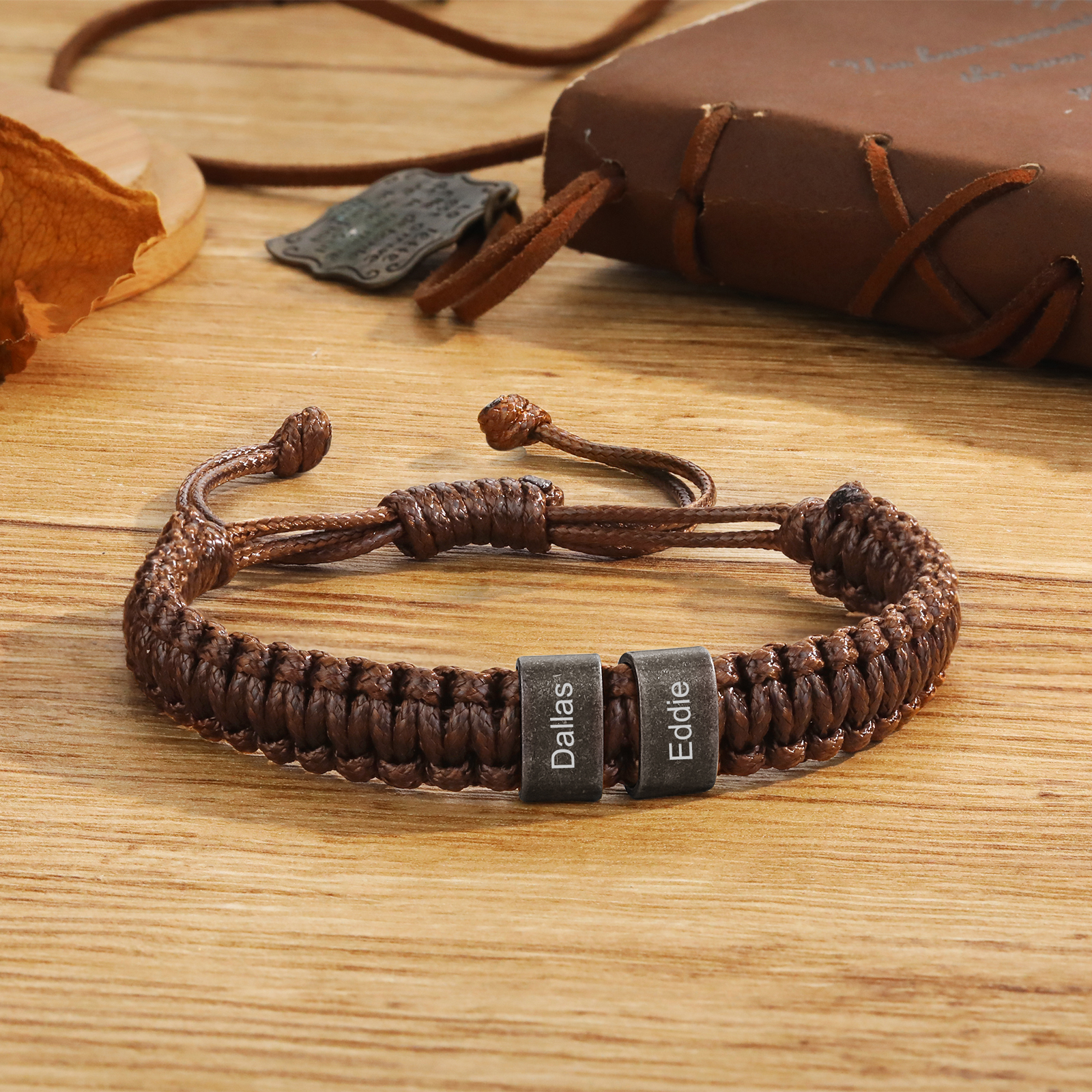 Herren Schmuck-Personalisierte 2-5 Namen Geflochtenes Vintage Armband mit Edelstahl Perle für Männer