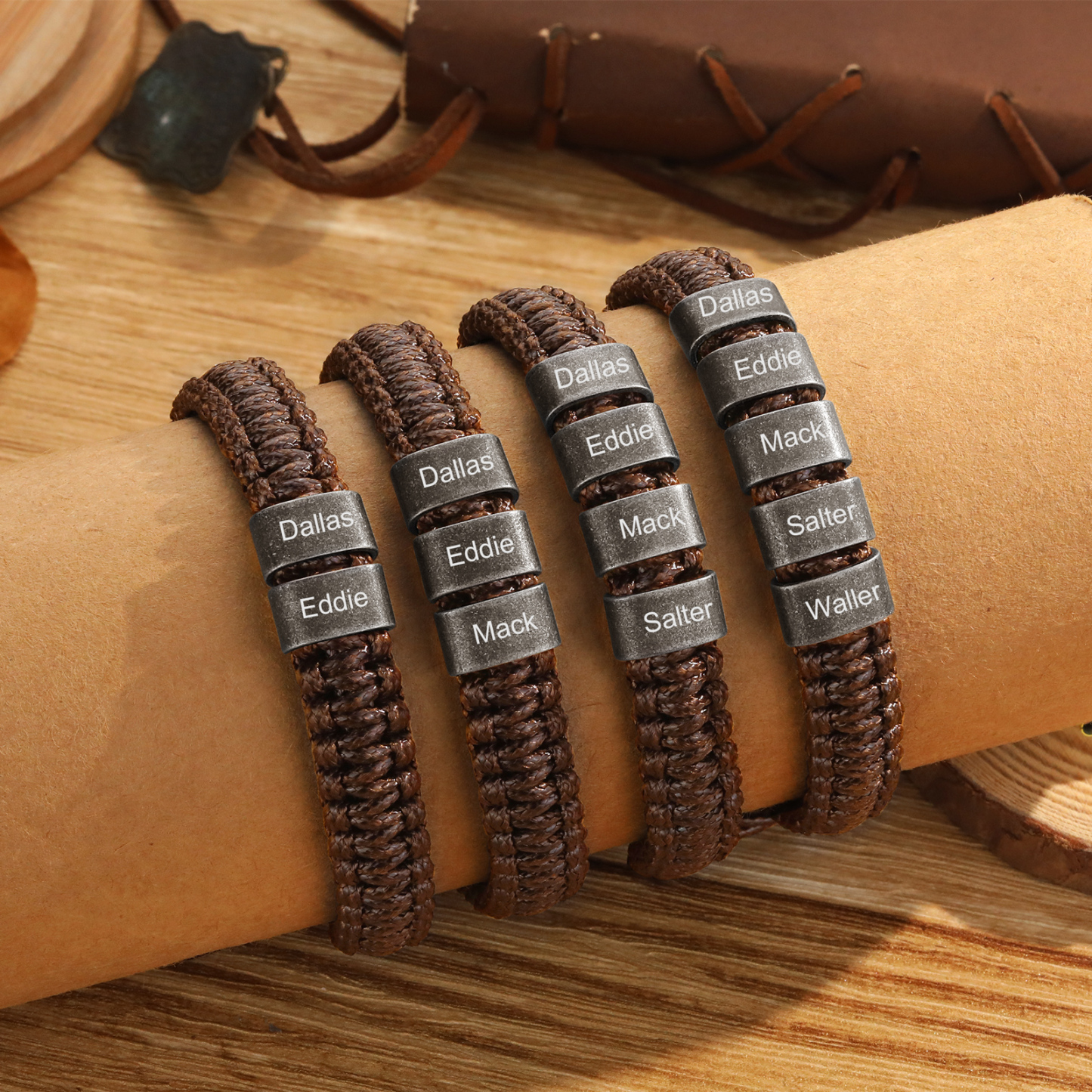 Herren Schmuck-Personalisierte 2-5 Namen Geflochtenes Vintage Armband mit Edelstahl Perle für Männer