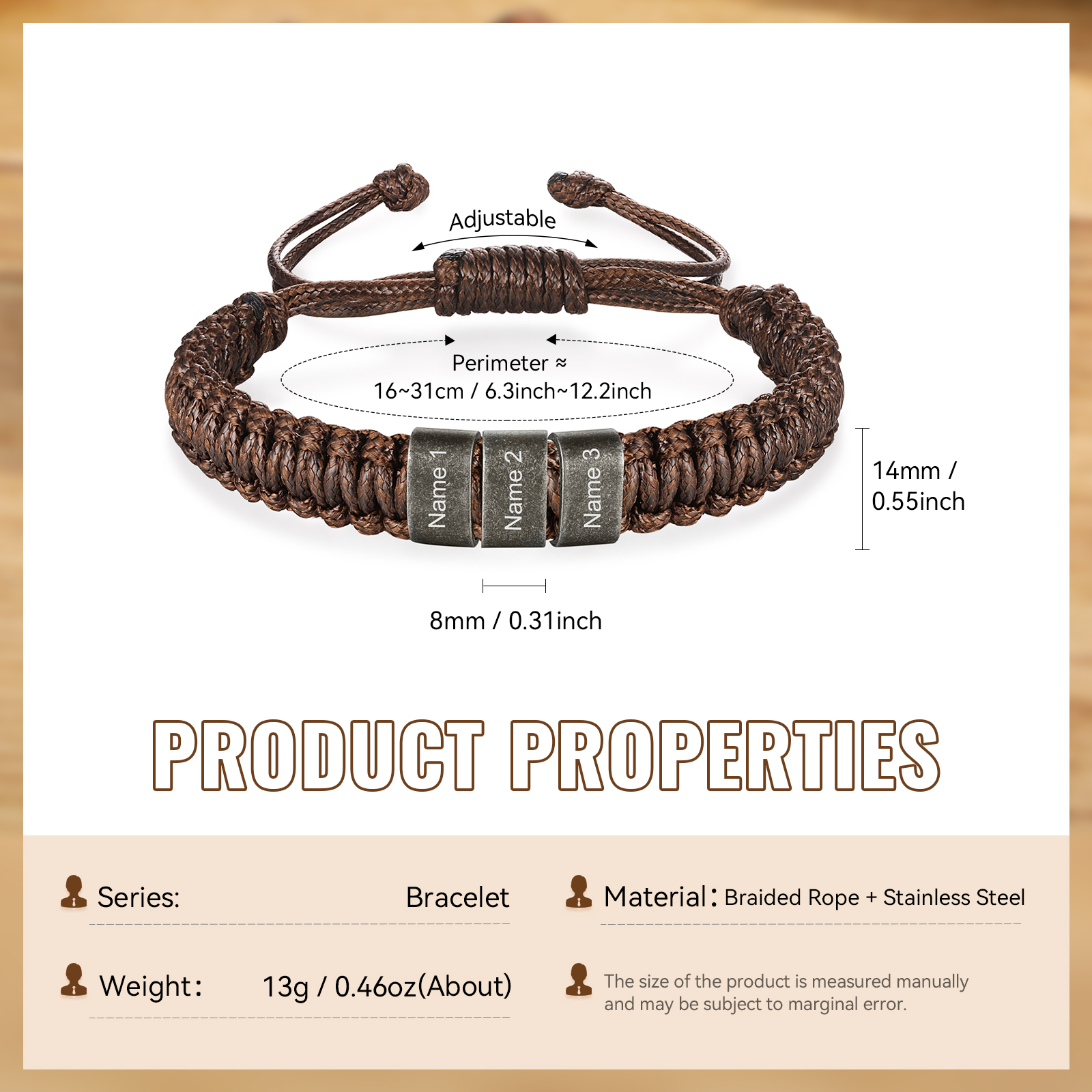 Herren Schmuck-Personalisierte 2-5 Namen Geflochtenes Vintage Armband mit Edelstahl Perle für Männer