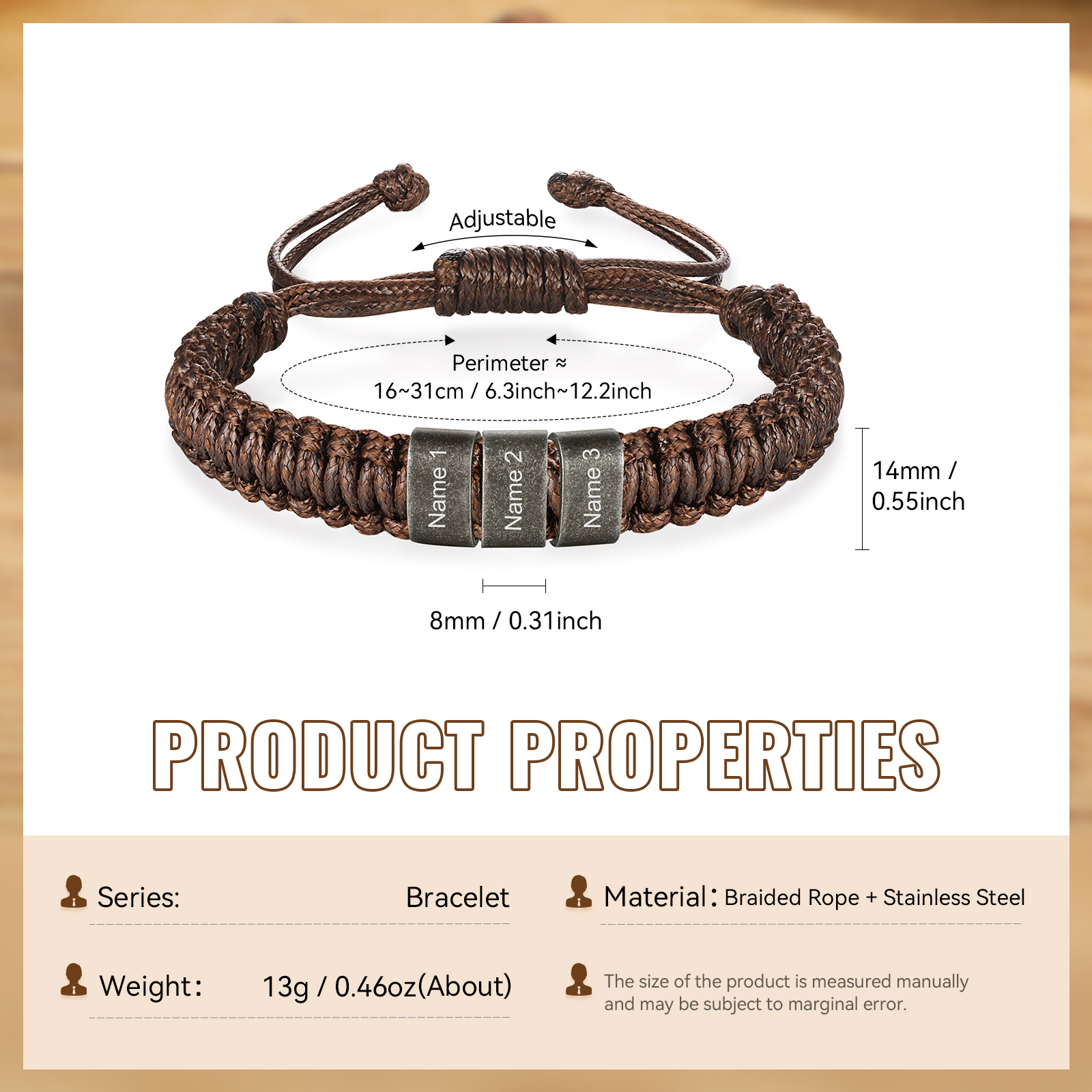 Herren Schmuck-Personalisierte 2-5 Namen Geflochtenes Vintage Armband mit Edelstahl Perle für Männer