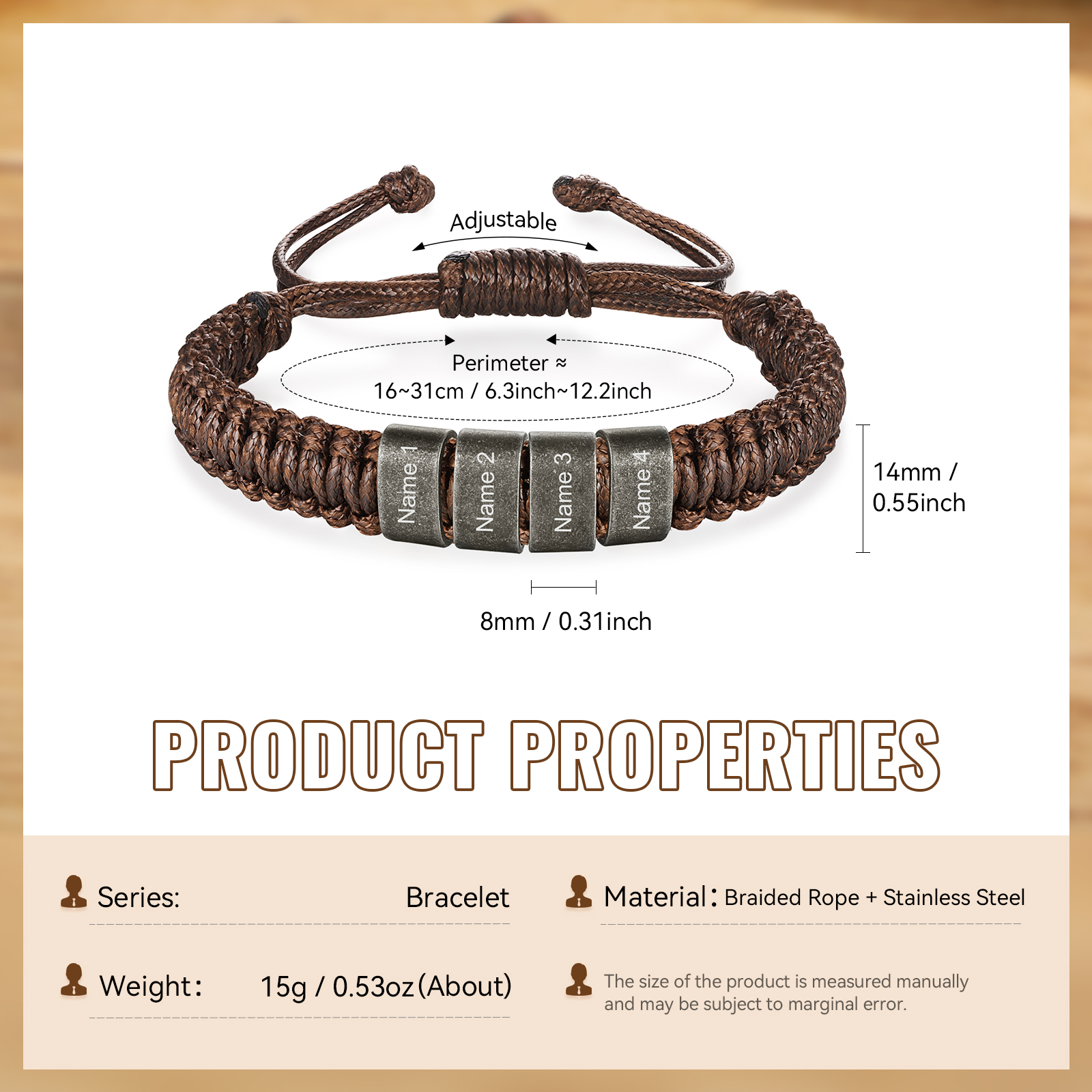 Herren Schmuck-Personalisierte 2-5 Namen Geflochtenes Vintage Armband mit Edelstahl Perle für Männer