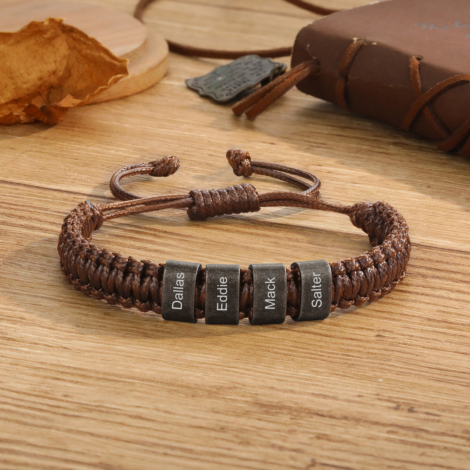 Herren Schmuck-Personalisierte 2-5 Namen Geflochtenes Vintage Armband mit Edelstahl Perle für Männer