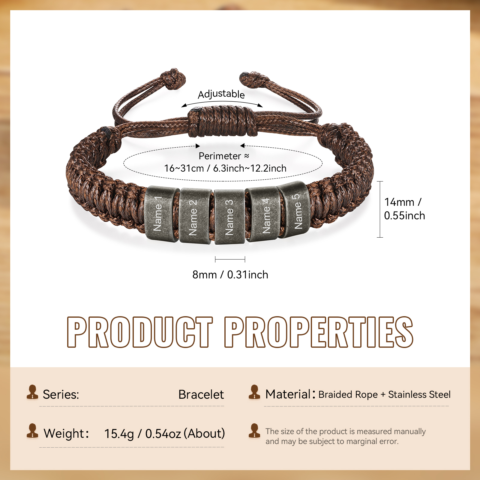 Herren Schmuck-Personalisierte 2-5 Namen Geflochtenes Vintage Armband mit Edelstahl Perle für Männer