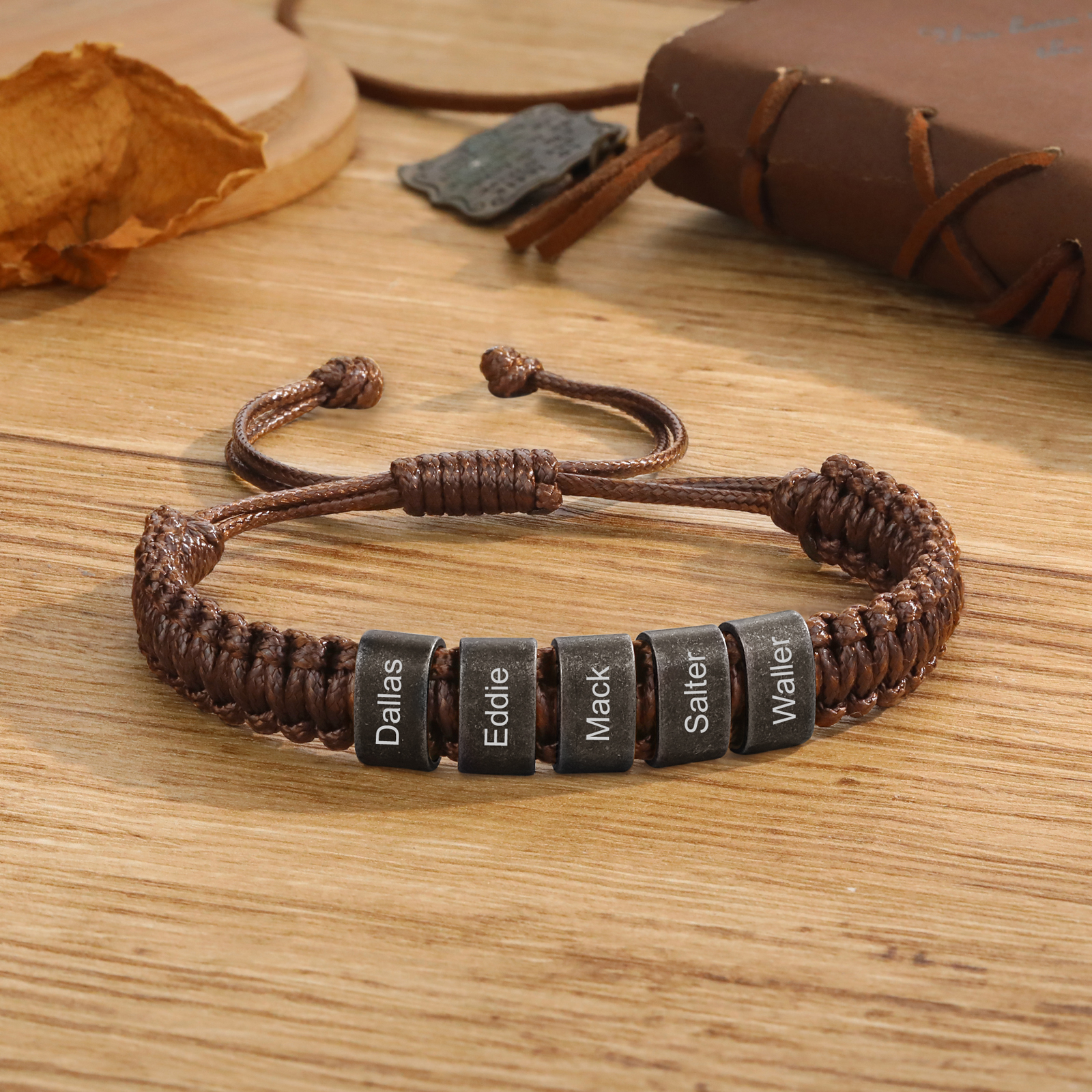 Herren Schmuck-Personalisierte 2-5 Namen Geflochtenes Vintage Armband mit Edelstahl Perle für Männer