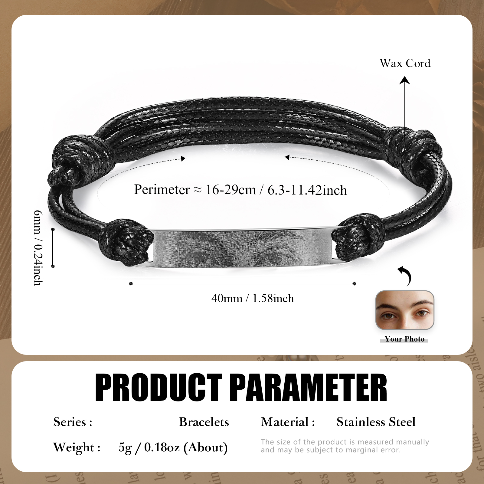 Herren Personalisiertes Foto Wachskordel Edelstahl Augenfoto Armband – Ein einzigartiges Geschenk