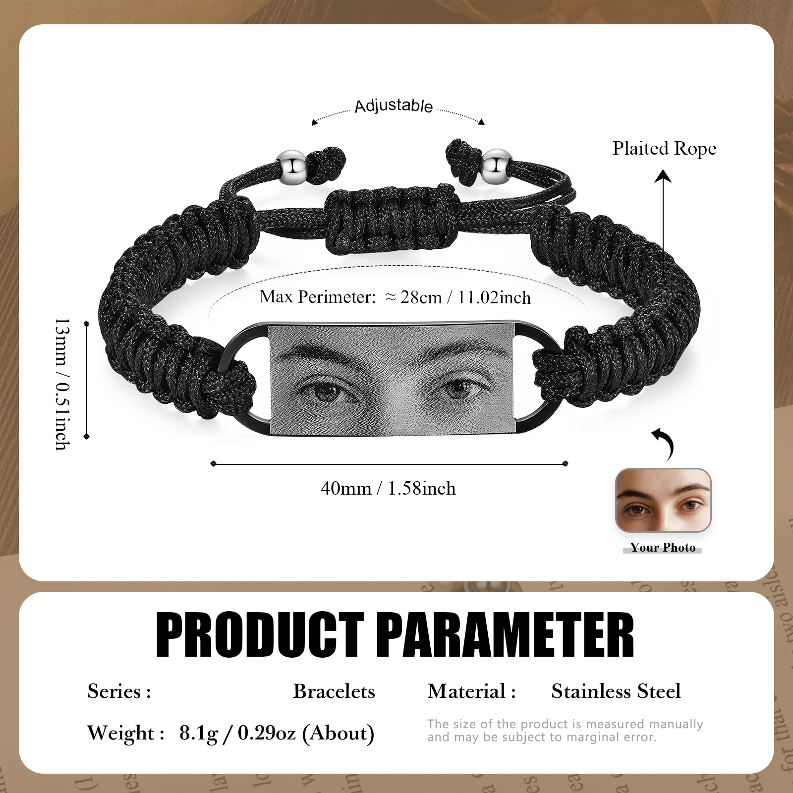 Herren Personalisiertes 1 Foto Geflochtenem-Seil & Edelstahl Augenfoto Armband