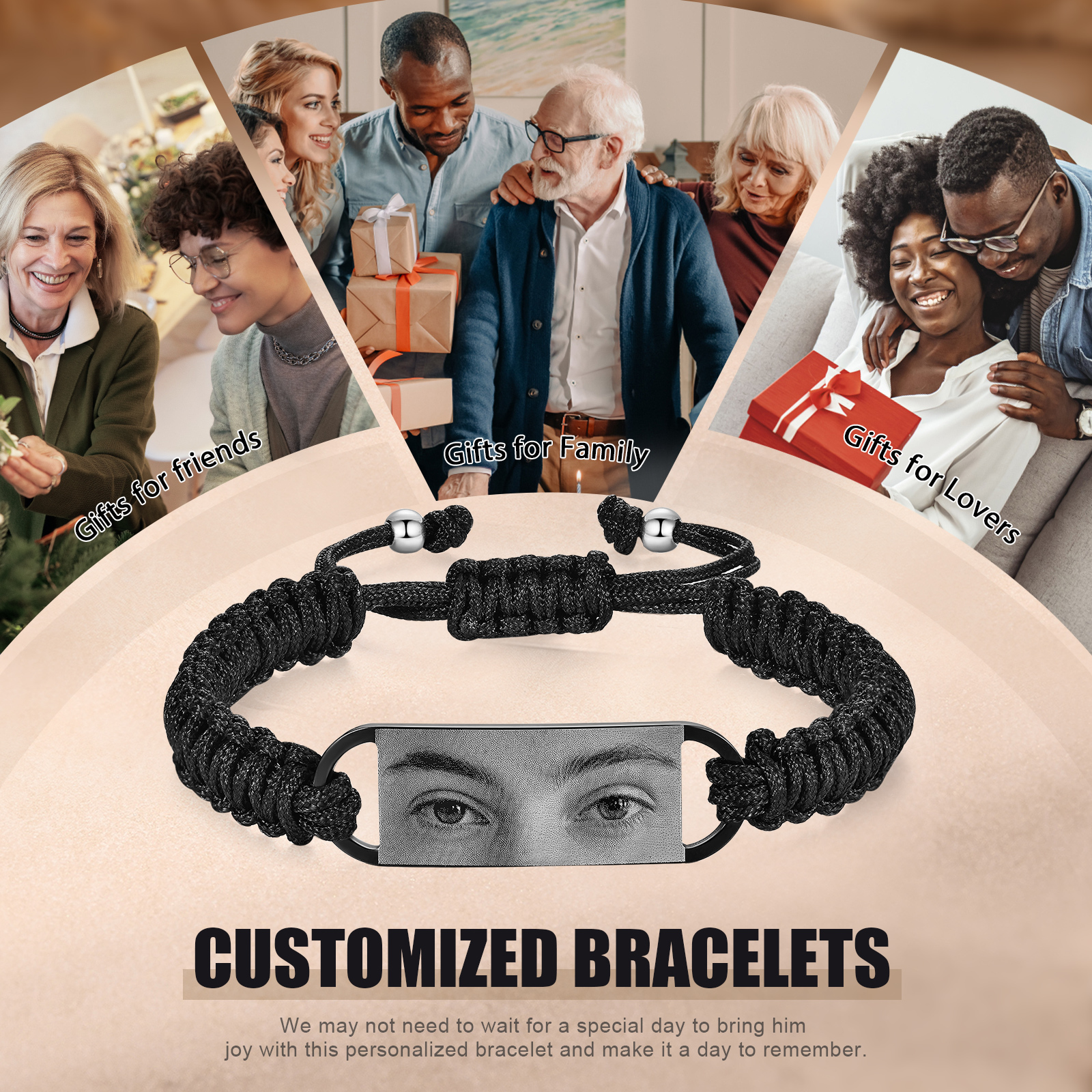 Herren Personalisiertes 1 Foto Geflochtenem-Seil & Edelstahl Augenfoto Armband