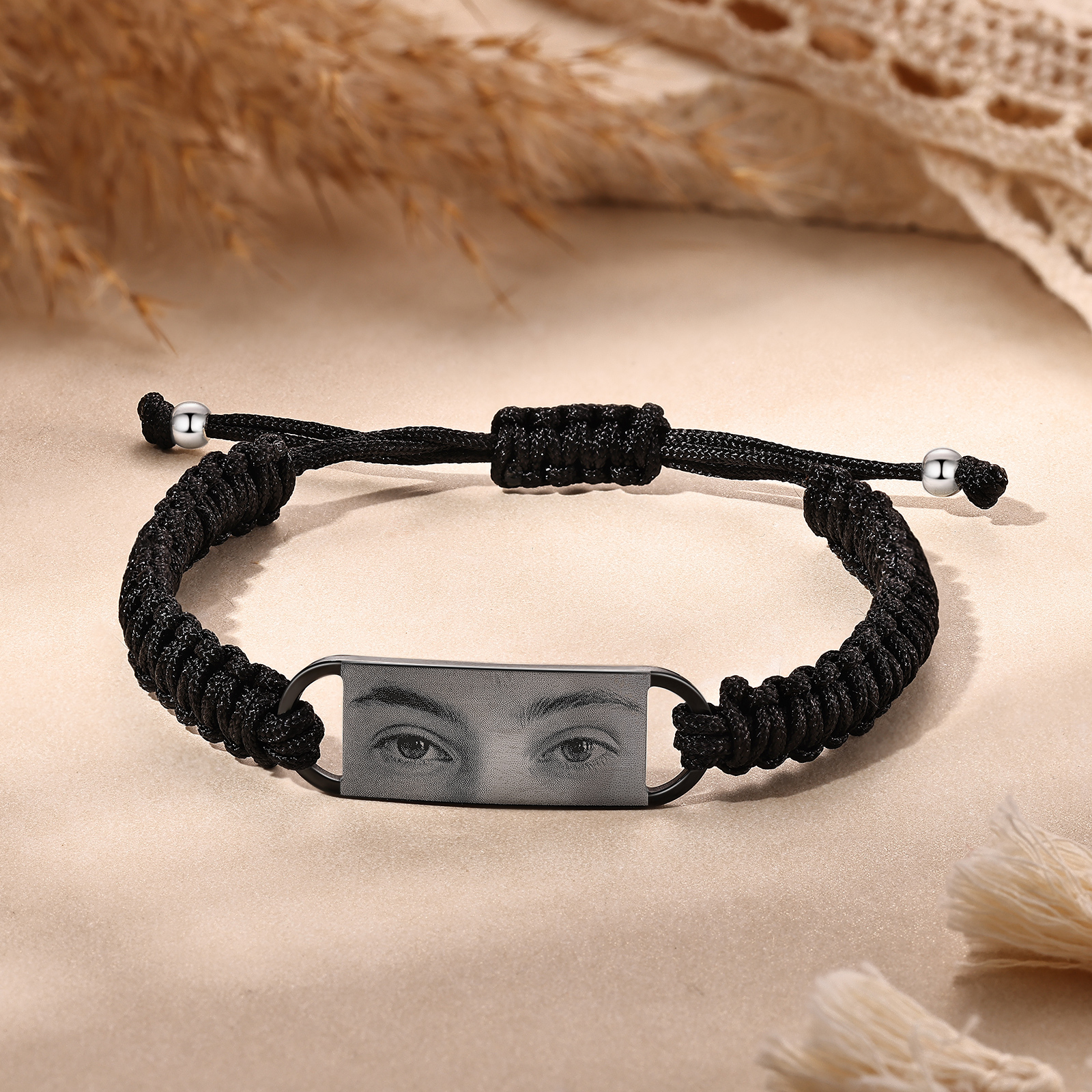 Herren Personalisiertes 1 Foto Geflochtenem-Seil & Edelstahl Augenfoto Armband
