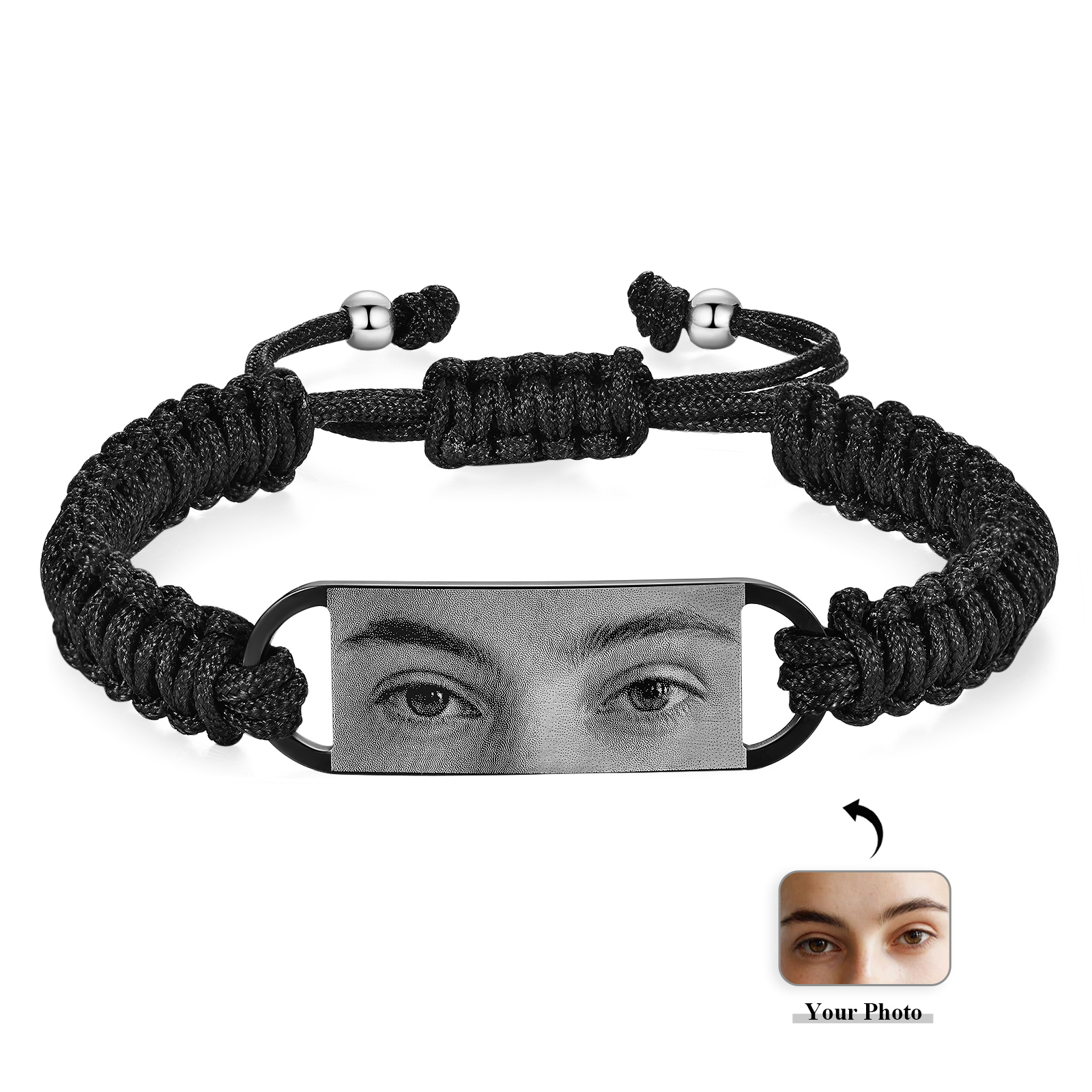 Herren Personalisiertes 1 Foto Geflochtenem-Seil & Edelstahl Augenfoto Armband