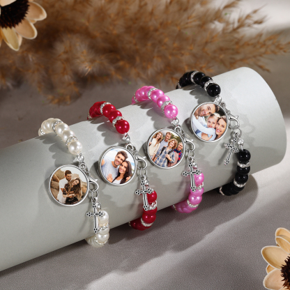 [Copy]Personalisiertes Foto Herz Projektion Handseil Armband mit Weiß Perle