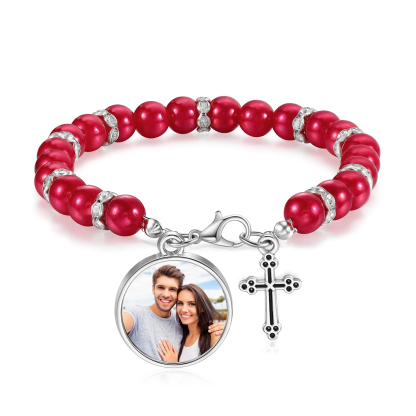 [Copy]Personalisiertes Foto Herz Projektion Handseil Armband mit Weiß Perle