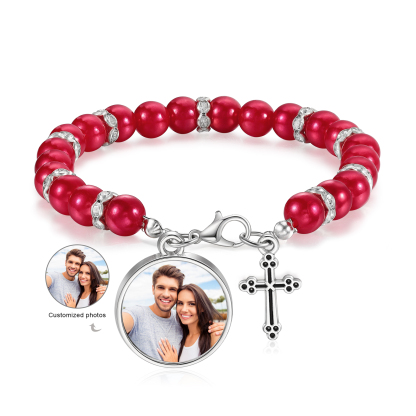 [Copy]Personalisiertes Foto Herz Projektion Handseil Armband mit Weiß Perle