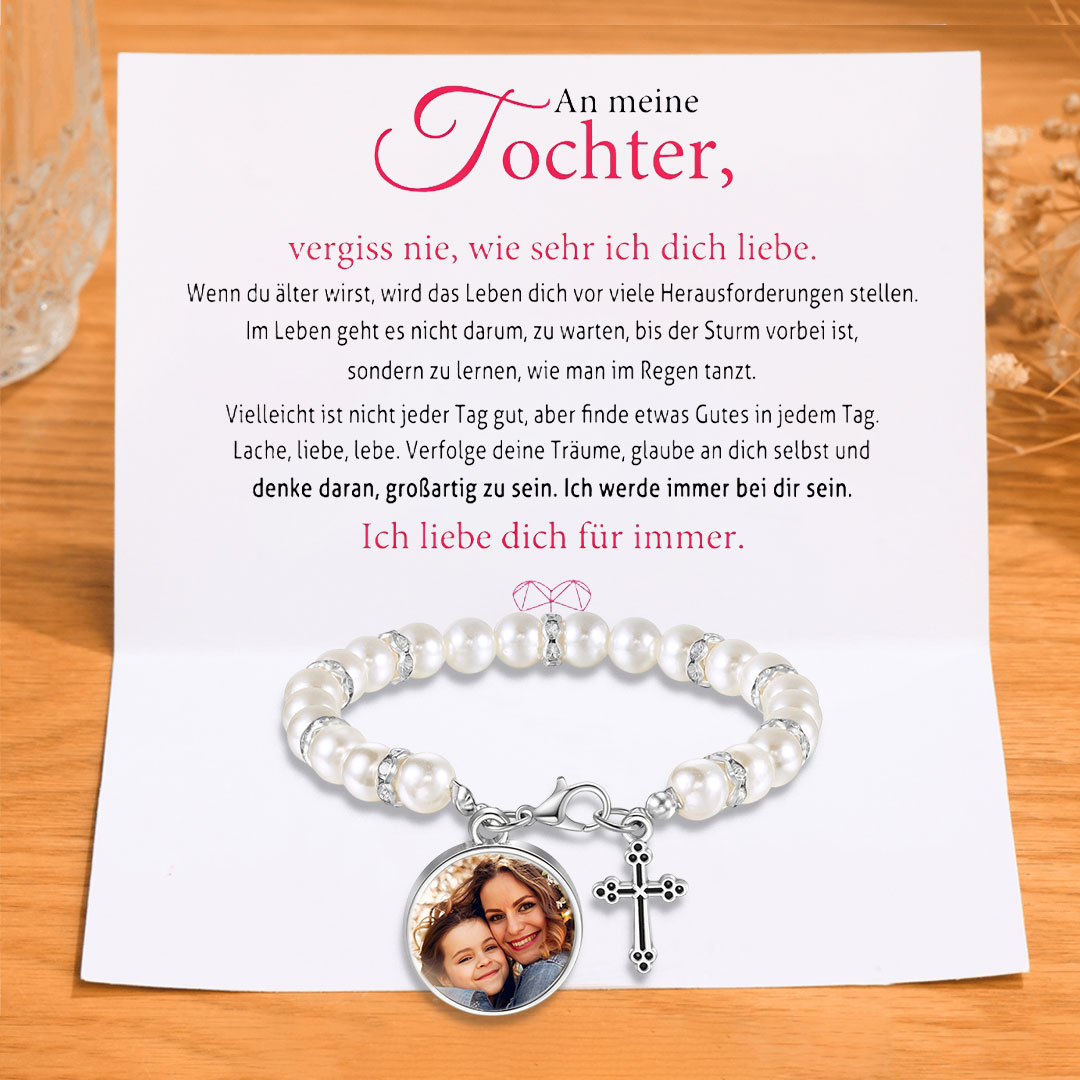 Personalisiertes Foto Armband mit Geschenkkarte - An meine Tochter -Armband mit Kreuzanhänger zur Konfirmation/Kommunion