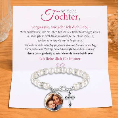 Personalisiertes Foto Armband mit Geschenkkarte - An meine Tochter -Armband mit Kreuzanhänger zur Konfirmation/Kommunion