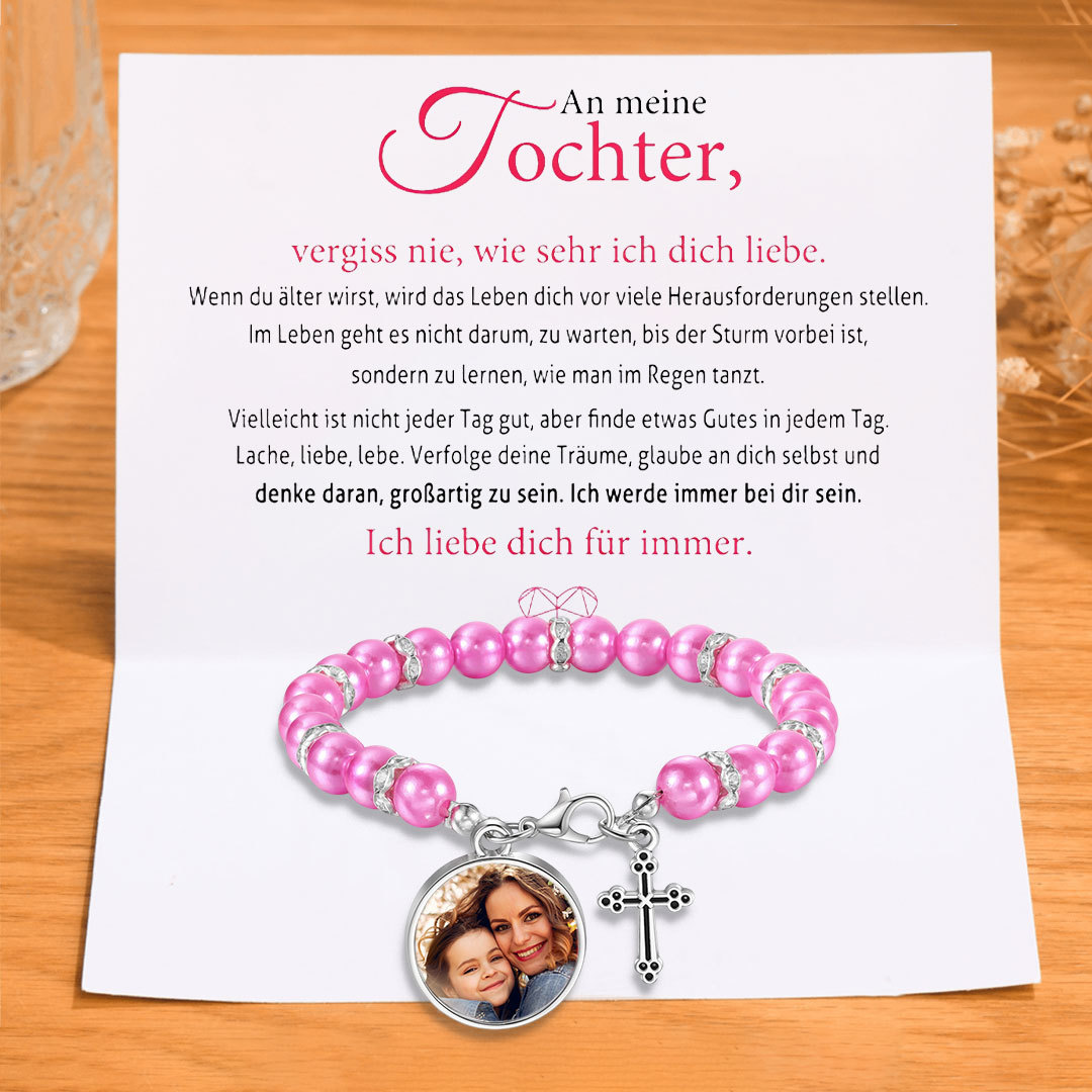Personalisiertes Foto Armband mit Geschenkkarte - An meine Tochter -Armband mit Kreuzanhänger zur Konfirmation/Kommunion