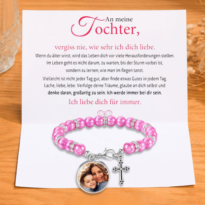 Personalisiertes Foto Armband mit Geschenkkarte - An meine Tochter -Armband mit Kreuzanhänger zur Konfirmation/Kommunion