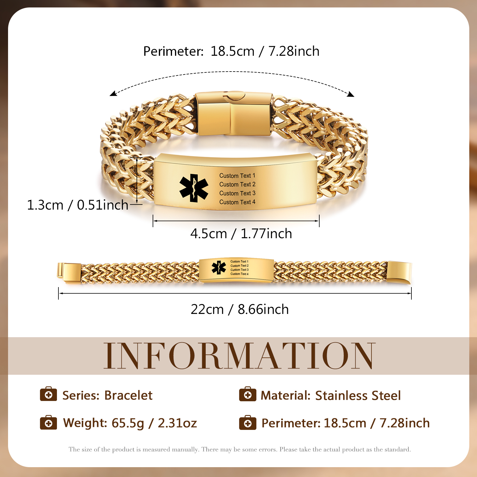 Herren Personalisierte 4 Texte Silber/ Schwarz/ Golden Edelstahl Notfall-Medizin-Armband mit einem doppelten Kette