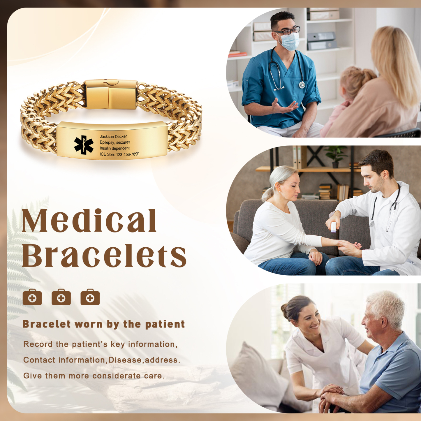 Herren Personalisierte 4 Texte Silber/ Schwarz/ Golden Edelstahl Notfall-Medizin-Armband mit einem doppelten Kette