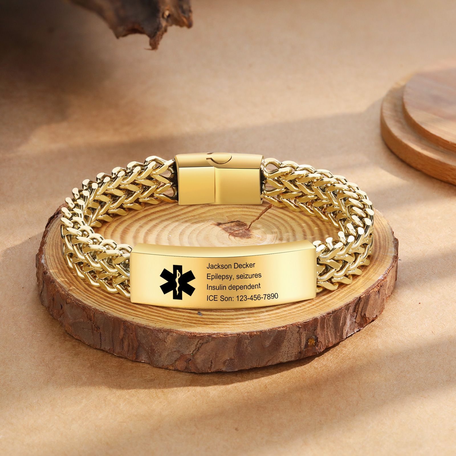 Herren Personalisierte 4 Texte Silber/ Schwarz/ Golden Edelstahl Notfall-Medizin-Armband mit einem doppelten Kette