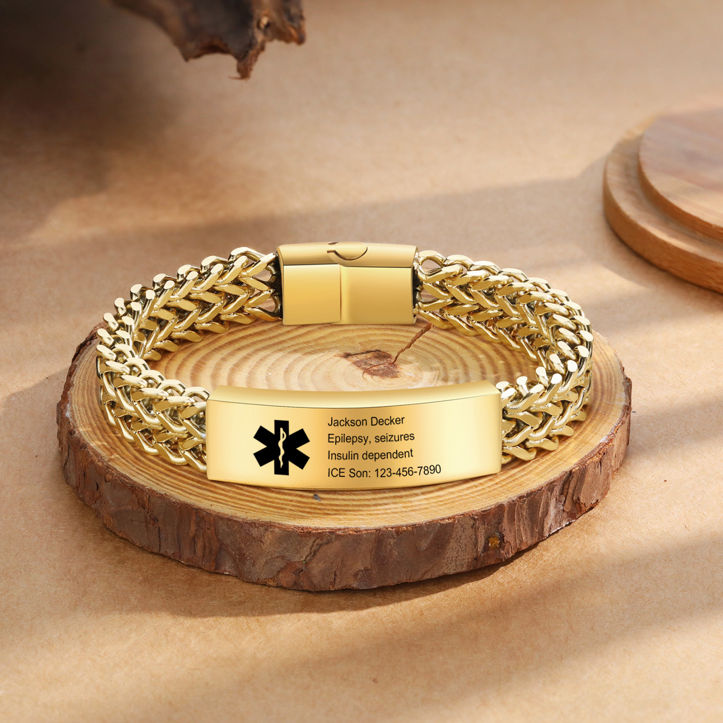 Herren Personalisierte 4 Texte Silber/ Schwarz/ Golden Edelstahl Notfall-Medizin-Armband mit einem doppelten Kette