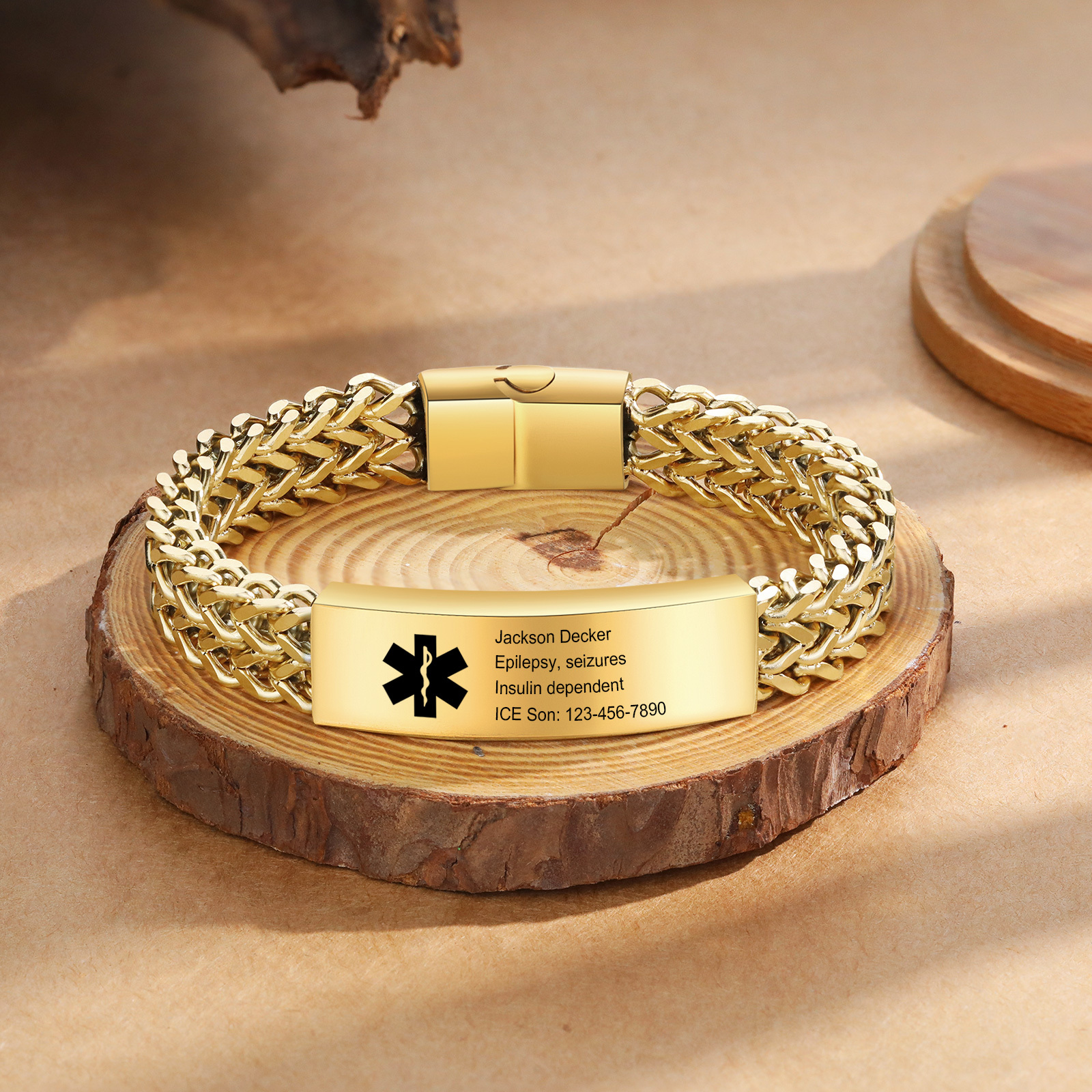 Herren Personalisierte 4 Texte Silber/ Schwarz/ Golden Edelstahl Notfall-Medizin-Armband mit einem doppelten Kette