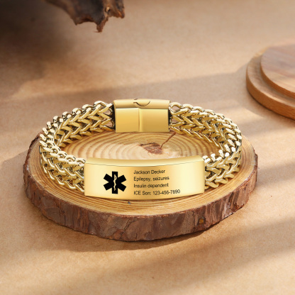 Herren Personalisierte 4 Texte Silber/ Schwarz/ Golden Edelstahl Notfall-Medizin-Armband mit einem doppelten Kette