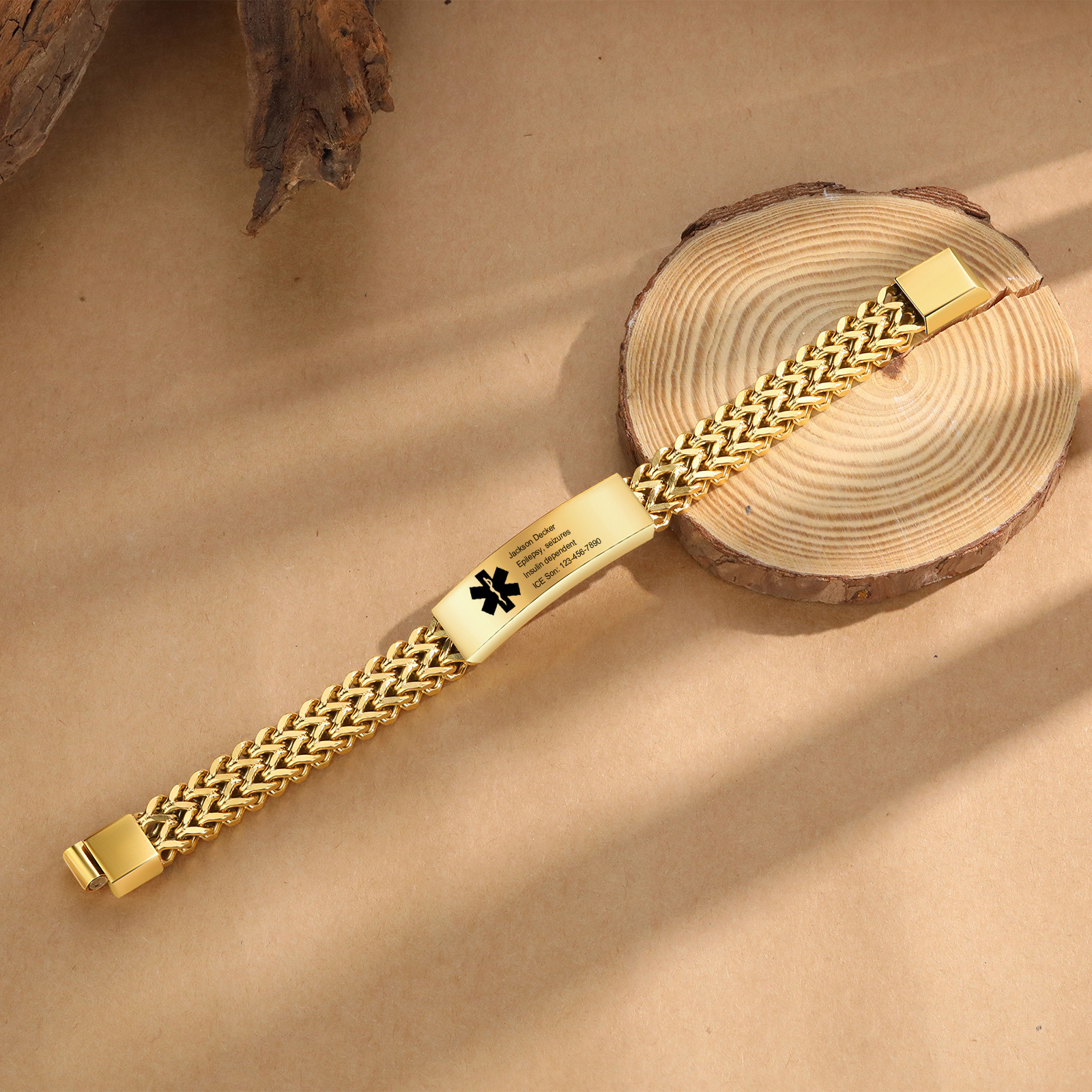 Herren Personalisierte 4 Texte Silber/ Schwarz/ Golden Edelstahl Notfall-Medizin-Armband mit einem doppelten Kette