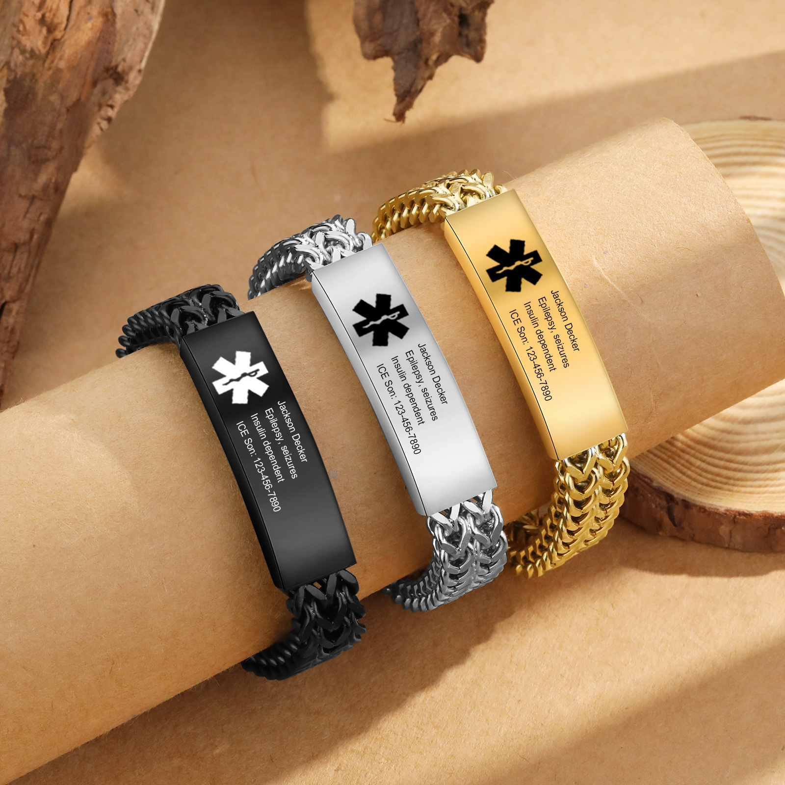 Herren Personalisierte 4 Texte Silber/ Schwarz/ Golden Edelstahl Notfall-Medizin-Armband mit einem doppelten Kette