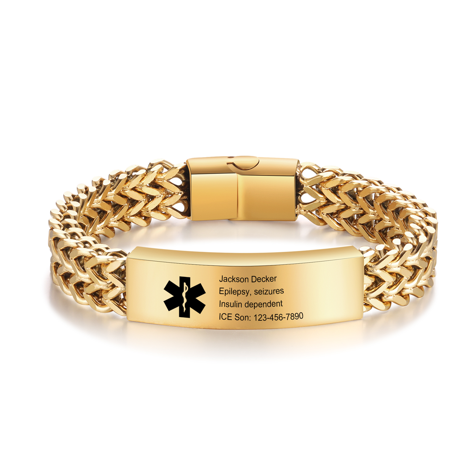 Herren Personalisierte 4 Texte Silber/ Schwarz/ Golden Edelstahl Notfall-Medizin-Armband mit einem doppelten Kette