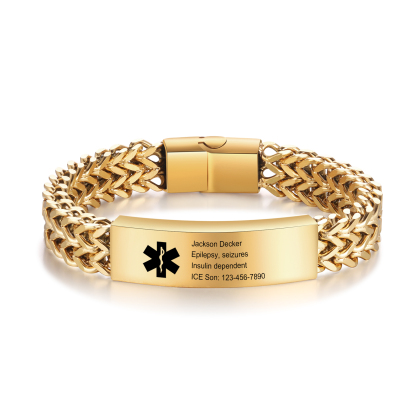 Herren Personalisierte 4 Texte Silber/ Schwarz/ Golden Edelstahl Notfall-Medizin-Armband mit einem doppelten Kette