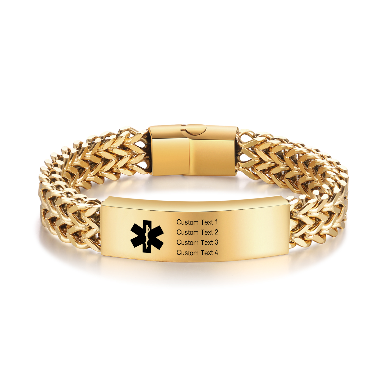Herren Personalisierte 4 Texte Silber/ Schwarz/ Golden Edelstahl Notfall-Medizin-Armband mit einem doppelten Kette