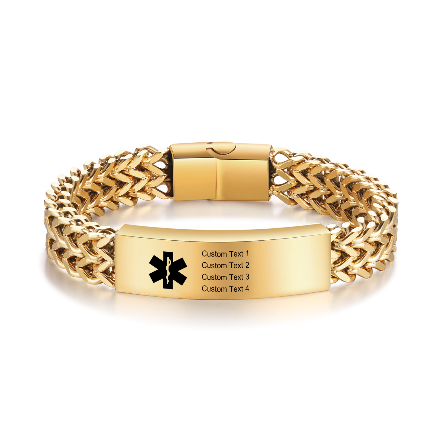 Herren Personalisierte 4 Texte Silber/ Schwarz/ Golden Edelstahl Notfall-Medizin-Armband mit einem doppelten Kette