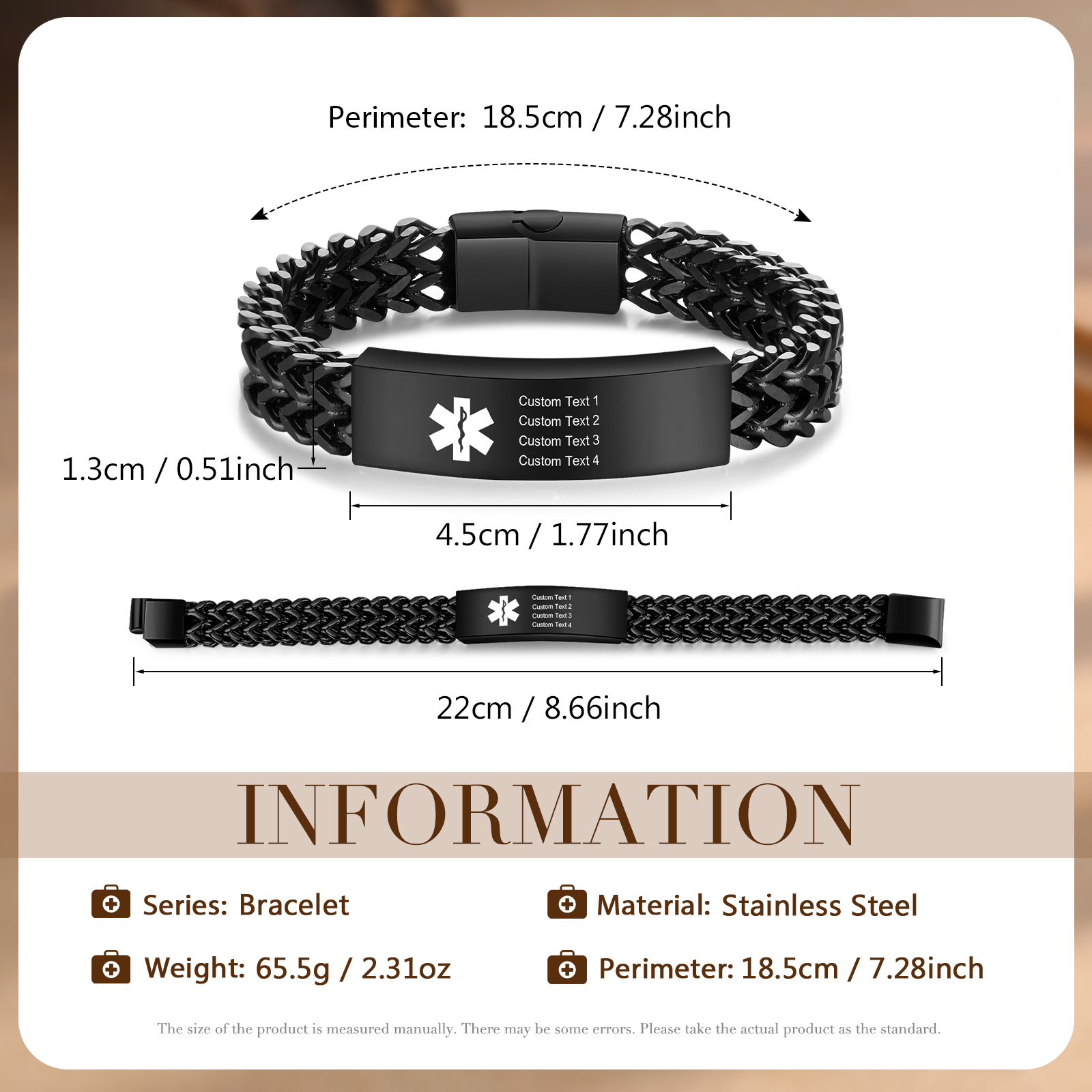 Herren Personalisierte 4 Texte Silber/ Schwarz/ Golden Edelstahl Notfall-Medizin-Armband mit einem doppelten Kette
